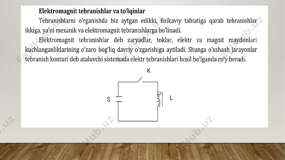 aniqlang. 4. tebranish konturida g’altak induktivligi 1 ngn, kondensator sig’imi 100 nf bo’lsa, konturning hususiy tebranishlar chastotasini aniqlang. 5. tebranish konturning hususiy tebranishlar chastotasi 4,2 khz. g’altak induktivligi 0,65 mgn bo’lsa, kondensator sig’imini aniqlang. 5. tebranish konturning hususiy tebranishlar chastotasi 4,2 khz. g’altak induktivligi 0,65 mgn bo’lsa, kondensator sig’imini aniqlang. 11 6. tebranish konturning hususiy tebranishlar chastotasi 5,3 khz. kondensator sig’imi 6 μf bo’lsa, g’altak induktivligini aniqlang. 7. tebranish konturidagi g’altak induktivligi 0.1 gn. tok kuchi i=0,28sin(1000t+0,3) qonun bo’yicha o’zgarmoqda. konturdagi kondensator sig’imini aniqlang. 8. tebranish konturi induktivligi 0.2 mgn bo’lgan g’altak va kondensatordan iborat. g’altakdagi tok kuchining maksimal qiymati 1 a gacha yetsa, tebranish konturining to’la energiyasini aniqlang. 9. tebranish konturidagi kondensatorning maksimal zaryadi 4∙10-8 c . kondensator cig’imi 50 nf bo’lsa, tebranish konturining to’la energiyasini aniqlang 10. tebranish konturida g’altakdagi tok kuchining oniy qiymati 0,01 a, kondensatorning bu ondagi zaryadi 0,4 μc ga teng. g’altak induktivligi 0,5 gn, …
