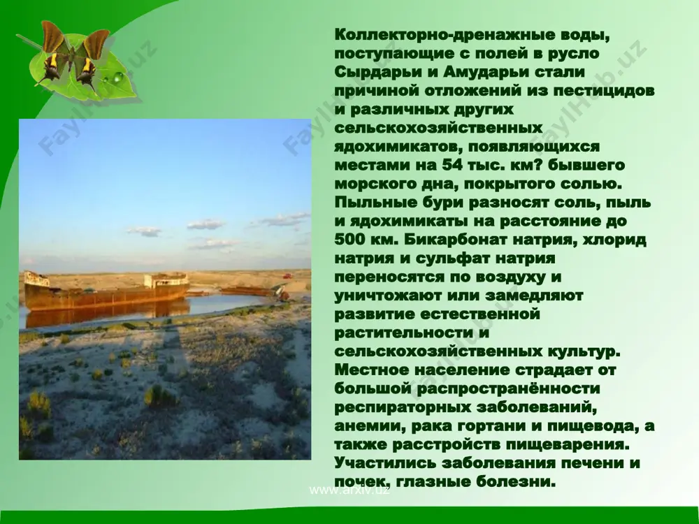 рек, впадавших в него, во всё возрастающих объёмах отводилась на орошение. с 1960 по 1990 площадь орошаемых земель в центральной азии увеличилась с 4,5 млн. до 7 млн. га. потребности народного хозяйства региона в воде возросли с 60 до 120 км? в год, из которых 90 % приходится на орошение. начиная с 1961, уровень моря понижался с возрастающей скоростью от 20 до 80—90 см/год. до 1970-х годов в арале обитали 34 вида рыб, из них более 20 имели промысловое значение. в 1946 году в аральском море отловлено 23 тысяч тонн рыбы, в 1980-х этот показатель достигал 60 тысяч тонн. на казахстанской части арала было 5 рыбозаводов, 1 рыбоконсервный комбинат, 45 рыбоприемных пунктов, на узбекистанской (республика каракалпакстан) — 5 рыбозаводов, 1 рыбоконсервный комбинат, более 20 рыбоприемных пунктов. www.arxiv.uz www.arxiv.uz в 1989 году море распалось на два изолированных водоёма — северное (малое) и южное (большое) аральское море. на 2003 год площадь поверхности …