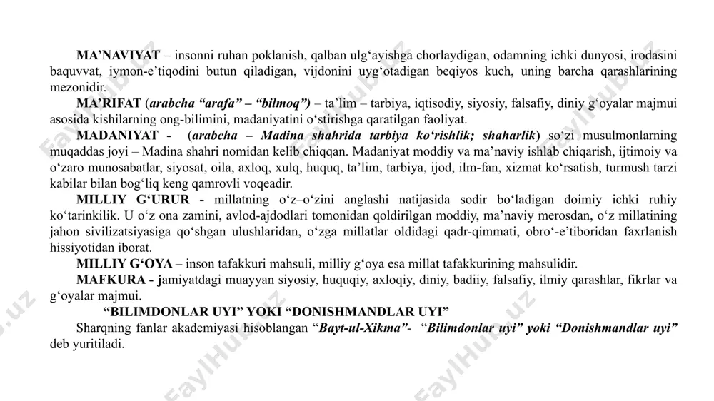 shakli. suverenitet - mustaqillik, oliy hokimiyat demokratiya - (yunon tilidan olingan bo‘lib “demos” - xalq, “kratos” - hokimiyat) – “xalq hokimiyati” ma’nosini anglatadi. parlament - “rasmiy so‘zlashish joyi, notiqlik koshonasi” degan maьnoni anglatib – davlatning qonun chiqaruvchi oliy organi hisoblanadi. xalifalik – islomiy davlat tizimi bo‘lib, vii asrda arabiston yarim orolida vujudga kelgan. arabcha «o‘rinbosar» degan ma’noni anglatgan xalifa davlatning diniy va siyosiy yagona rahbari hisoblangan. aqidaparastlik (aqida - arabcha – ishonch) muayyan sharoitda, biron-bir g‘oya yoki tamoyilga qat’iy ishonch va uni mutlaqlashtirish asosida shakllangan qoida va tartiblarni hamda ularni sharoit, holat, vaziyatni hisobga olmagan holda, ko‘r-ko‘rona qo‘llash va urinishni anglatadi. u muayyan qonun va qoidalar ta’sir doirasini sun’iy ravishda kengaytirishga urinishda yorqin namoyon bo‘ladi. ekstremizm (lotincha «yextremus» - keskin, so‘nggi) ostida muayyan jamiyatda qabul qilingan qonun-qoidalarga zid bo‘lgan g‘oyalarni targ‘ib va amal qilish tushuniladi. terrorizm – qo‘rqitish va zo‘ravonlik ishlatishni anglatuvchi ijtimoiy fenomendir. siyosiy terrorizm muayyan ijtimoiy guruh manfaatlari …