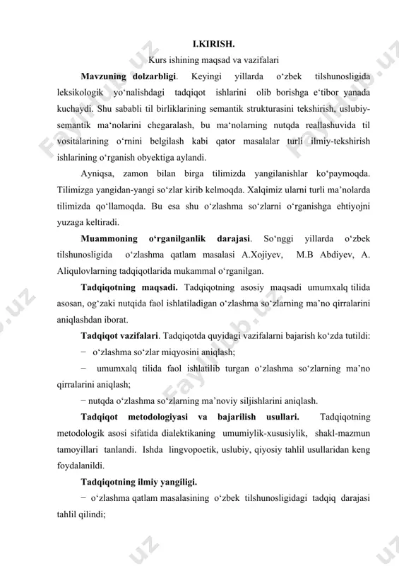 igidagi tadqiq darajasi tahlil qilindi; − umumxalq tilida faol ishlatilib turgan o‘zlashma so‘zlarning miqyosi aniqlandi; − o‘zlashma so‘zlardagi ma’noviy siljishlar turli tillar doirasida tahlilga tortildi. ii. asosiy qism qadimdan ma’lumki o‘zbek tili leksikasining tashkil topishida 3 komponent muhim rol o‘ynaydi. bular quyidagilardir: 1. barcha so‘zlar eng qadimgi turkiy tildan kelib chiqqan bo‘lib, o‘zbek tili leksikasining rivojlanishida muhim rol o‘ynaydi, bundan tashqari kundalik ishlatiladigan so‘zlar va iboralar yuqoridagi unsurlarda o‘z ifodasini topadi. 2. o‘zlashma so‘zlar, bunday so‘zlar boshqa tillardan kelgan bo‘l`ib, bular quyidagilar: arab, fors-tojik, rus, nemis, fransuz, ispan, ingliz va boshqalar. bu so‘zlaning qiziqarli tomoni shundaki, ular asosan klassik tillarning birlashmasidan hosil bo‘lgan (arab, turk, fors-tojik). 3. o‘zlashma neologizmlar, bu turdagi so‘zlar tilda mavjud bo‘l`gan so‘zlardan suffiks, prefiks va qo‘shimchalar qo‘shish orqali yasaladi. yuqorida ko‘rsatilgan 3 komponentdan tashqari leksikaning rivojlanishiga ikkinchi darajali unsurlar ham yordam beradi. bular: onomatopeya, bir so‘z shaklidan boshqa bir so‘zning shakllanishi; qisqartirilgan so‘zlar, nomlarning qisqartirilib faqat …