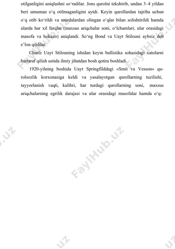 tushunib yetadi va rochesterga, maks pozer ismli mik- roskoplar bilan shug‘ullanuvchi mutaxassisning oldiga keladi. uayt undan eng yaxshi mikroskopni olmoqchi edi. lekin uning bir o‘ziga bu ishlar qiyinlik qilar edi, shuning uchun u o‘ziga jon x. fisher va filipp o. greyvell ismli ikki yordamchi oladi. ular ikkovi ham hech bir ish haqi olmasdan uayt bilan ishlashga rozi bo‘ladilar. natijada nyu-yorkda sud- ballistika byurosi – dunyodagi birinchi shu turdagi muassasa vujudga keladi. aynan ana shu byuroda 1925-yilda greyvell taqqoslash mikroskopini yaratdi. uayt o‘ziga uchinchi yordamchi – kalvin goddardni topganida ballistika ancha darajada rivojlangan edi. uaytning o‘limidan keyin goddard, jon fisher va filipp greyvellar ballistika uchligi degan nom bilan tarixga kirdilar. keyinchalik universitet qoshida jinoyatlarni tekshirish ilmiy laboratoriyasi deb atalgan institut tashkil qilindi va kalvin goddard uning direktori etib tayinlandi. bu institut, asosan, ballistika usullari bilan o‘tochar qurollar orqali amalga oshirilgan jinoyatlarni tekshirar edi. 1934-yilda vashingtonda qotilliklarni tekshirish federal byurosi (fbi) qoshida …