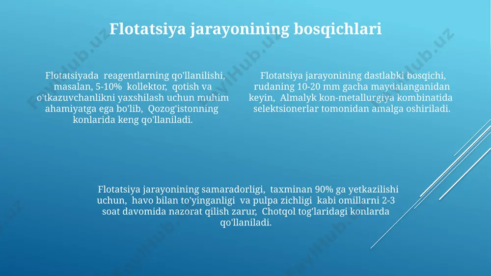 y viloyatidagi oltin konlarida qo'llaniladigan flotasiya uskunalari, o'rtacha 0.5-1 mm zarracha o'lchamlariga ega bo'lgan oltinni ajratib olishda 85% ga yaqin samaradorlik ko'rsatkichiga erishmoqda. flotatsiya samaradorligini baholash flotatsiya samaradorligini baholashda, xomashyo tarkibidagi foydali komponentlarning 90% dan ortig'i ajratib olinishi, masalan, olmaliq kon-metallurgiya kombinatida amalga oshiriladigan mis rudasi boyitish jarayonida, muhim ko'rsatkich hisoblanadi. samaradorlikni aniqlashda, flotatsiya jarayonida olingan konsentratning sifat ko'rsatkichlari, ya'ni 85% dan yuqori mis miqdori va 2% dan kam silikat aralashmalari, muhim ahamiyat kasb etadi. qoraqalpog'iston respublikasidagi fosforit konlarini qayta ishlashda, flotasiya samaradorligi, fosforit konsentrati hosil bo'lish darajasi (masalan, 75%) va uning p2o5 tarkibiga (18-20%) bog'liq holda baholanadi. flotatsiya chiqindilari flotatsiya chiqindilarining tarkibi, ayniqsa, oʻzbekistonning mis konlari yaqinidagi hududlarda, 10% dan ortiq qattiq moddalarni va yuqori darajada toksik metallarni oʻz ichiga oladi, bu esa atrof-muhitga salbiy taʼsir koʻrsatadi. tojikistonning janubiy viloyatlarida flotasiya chiqindilarini qayta ishlash jarayonida 30% gacha qimmatli metallarning yoʻqotilishi kuzatilmoqda, bu iqtisodiy jihatdan noqulay hisoblanadi. 2022-yilgi maʼlumotlarga koʻra, …