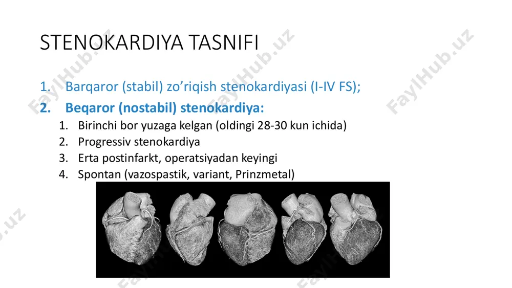 mumkin. https://mymedic.uz/kasalliklar/gastroenterologiya/ich-qotishi/ nitratlar • hozirgi vaqtda ushbu guruhdagi 3 dori turi ishlatiladi: nitrogliserin, izosorbid dinitrat va izosorbit mononitrat. ushbu dorilar belgilanganida, nitratlar qisqa ta’sirli (<1 soat), o’rtacha uzoq (< 6 soat) va uzoq ta’sir etuvchi (6-24 soat) dori shakllariga tasniflanishi haqida unutmaslik kerak. • i funktsional sinf zo’riqish stenokardiyasida qisqa ta’sirli nitratlar (nitroglitserin yoki izosorbid dinitrat tabletkalari, kapsulalari yoki aerozoli) belgilanadi, stenokardiyani oldini olish uchun ular kutilayotgan jismoniy faollik boshlanishidan 5-10 daqiqa oldin qabul qilinadi. agar stenokardiya xuruji qisqa ta’sir qiluvchi nitratlar bilan qoldirilmasa, miokard infarkti yoki kelib chiqishi yurakka bog’liq bo’lmagan og’riqdan shubha qilish kerak. • ii funktsional sinf zo’riqish stenokardiyasida qisqa ta’sir ko’rsatadigan nitratlardan tashqari, o’rtacha muddat ta’sirli dori shakllaridan foydalanish mumkin. • iii funktsional sinf zo’riqish stenokardiyasida izosorbit mononitrat (uzoq muddatli ta’sir qiladigan) buyuriladi. bu preparat kun davomida 5-6 soatlik tanaffuslar bilan (odatda tunda) doimiy qabul qilinadi, tanaffus nitratlarga tolerantlikdan qochish uchun kerak. • iv funktsional sinf …