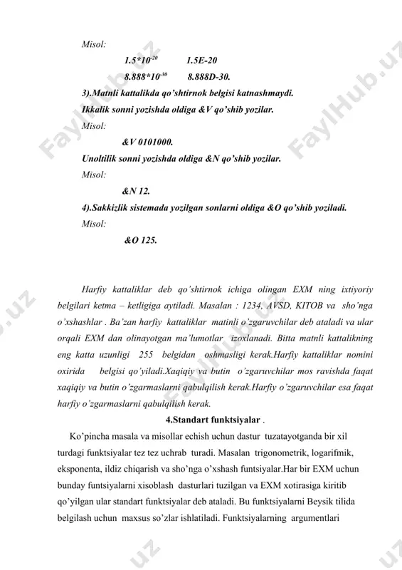 (x) x ni natural logorifmi √x sqr(x) xni kvadrat ildizi [x] int(x) x ni butun qismi sign x s gn(x) x ni ishorasini aniqlash rnd(x) tasodifiy sonni tanlash. natural logarifmdan ixtiyoriy asosli logarifmga o’tish uchun logab=lnb/lna formulasidan foydalaniladi. 5.simvolli funktsiyalar. harfiy o’zgaruvchilar exm da matnlar bilan ishlash xisoblash harakteriga ega bo’lmagan masalalarni echishda katta imkoniyat yaratadi. harfiy o’zgaruvchilar uchun quyidagi simvolli funktsiyalar mavjud. 1.) asc (“belgi”) bu funktsiya kompyuterdagi barcha belgilar,harflar,raqamlar va maxsus belgilar kodini aniqlaydi. masalan asc (“a”) ning (lotincha a) qiymati 65 ta asc ($) ning qiymati 36 ga tengdir. 2) len (a$) argumenta mavjud bo’lgan harfiy kattalikning belgilari sonini aniqlaydi. masalan ? len (“toshkent” ) da ekranda 7 soni bo’ladi. 3)val(son yoki arifmetika ifoda) – harfiy kattalik sifatida yozilgan sonni (arifmetik ifodani) xaqiqiy songa (arifmetik ifodaga) o’zgartiradi. masalan, val (15)ning qiymati 15 soniga teng.4) str$ (son yoki ifoda) – argumentagi son yoki arifmetik ifodani harfiy kattalik sifatida …