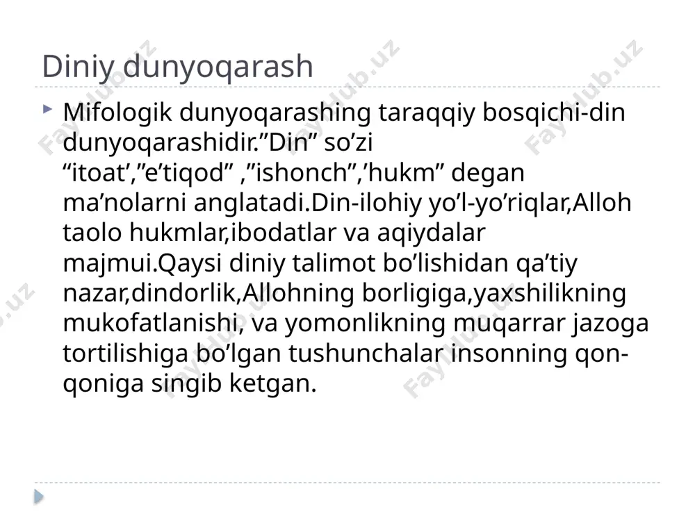 yalarni ifodalash uchun qo’llanadigan tushuncha.jamiyat va insonni ezgu maqsadlar sari yetaklaydigan sog’lom fikrlar majmui. xulosa oilada chiroyli va to’g’ri e’tiqod,dunyoviy hamda diniy bilimlarni egallash yo’lga qo’yilgan bo’lsa,unda ma’naviy,huquqiy bilimlarni shakllantirish oson kechadi.oliy maqsad yosh avlodni iymon e’tiqodini vatan ravnaqi uchun ruhan va ma’nan komil inson etib tarbiyalash har bir ota-ona va ustozlarimizning burchidir.yosh avlod dunyoviy va diniy bilimlarni o’zida uyg’unlashtirgan ta’lim-tarbiyani jahon andozalariga mos qilishi muhim omi hisoblanadi /docprops/thumbnail.jpeg