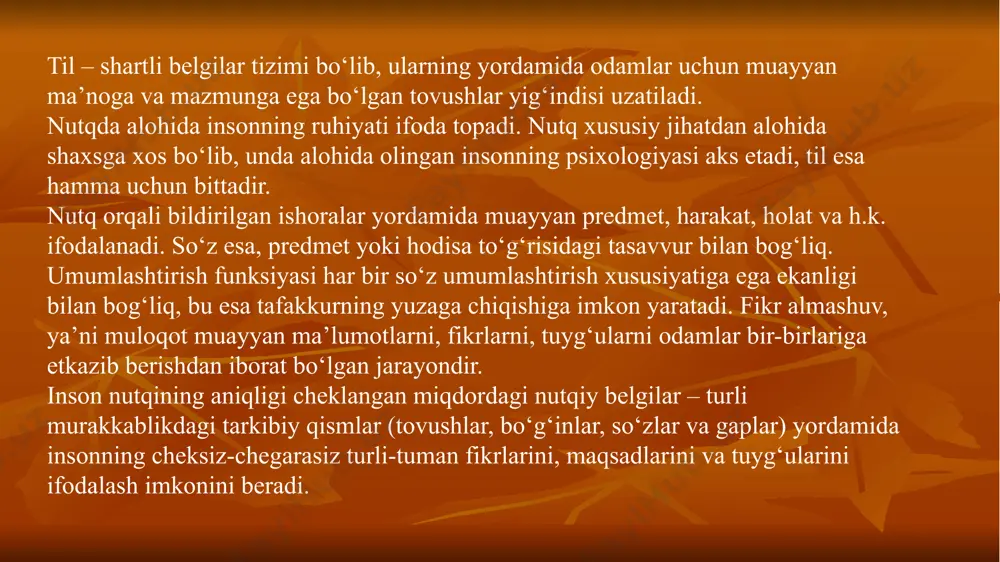 ommunikativ-axborotli tomoni tasavvurlar, g‘oyalar, qiziqishlar, hissiyotlar, mayllar va sh.o‘.lari turlicha bo‘lgan odamlar o‘rtasidagi almashinuvdan iborat. muloqotning emotiv tomoni sheriklarning shaxsiy aloqalaridagi his-tuyg‘ular, kayfiyatning vazifa bajarishlari bilan bog‘liq. muloqotning konativ (hulq-atvor tomondan) tomoni sheriklar qarashlaridagi ichki va tashqi qarama-qarshiliklarni muvofiqlashtirishga xizmat qiladi. muloqot vositalarini muloqot jarayonida bir tirik jonzotdan boshqasiga etkaziladigan axborotni kodlashtirish, uzatish, qayta ishlash va ochib berish vositalari sifatida ta’riflash mumkin. muloqot vositalariga quyidagilar kiradi: 1. til – muloqot uchun qo‘llaniladigan so‘zlar, ifodalar va ularni muloqotda qo‘llash uchun ma’noli iboralarga birlashtirish qoidalari tizimi, shuningdek, turli ko‘rinish va shakllardagi (matnlar, chizmalar, suratlar), axborot yozish, etkazish va saqlashning texnik vositalari (radio- va videotexnika, yozuvning mexanik, magnitli, lazerli va boshqa shakllari) dagi belgilar tizimlari va yozuvdan iborat. 2. ohang, emotsional ifodalanganlik, bir xil iboraga turlicha ma’no berishga qodir. 3. suhbatdoshning mimikasi, gavda holati, nigohi ibora ma’nosini kuchaytirishi, to‘ldirishi yoki rad etishi mumkin. 4. imo-ishoralar muloqot vositasi sifatida umumiy qabul qilingan, ya’ni, belgilangan …