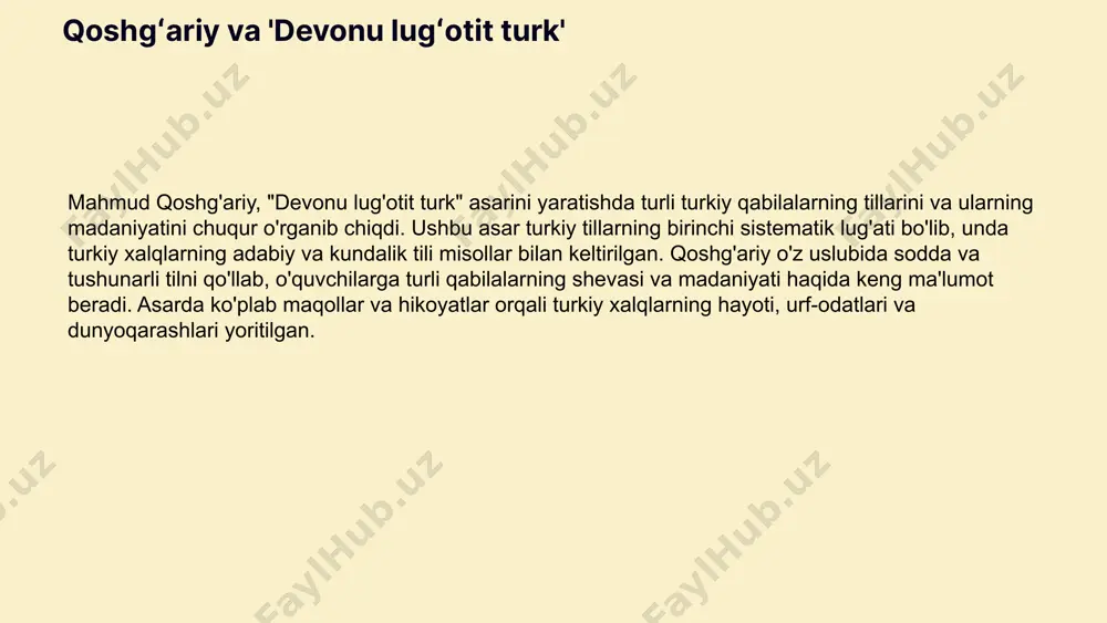 stiqbollari kelajakda, "devoni lugʻoti turk"ni chuqurroq o'rganish orqali turkiy tillar haqida yangi ma'lumotlar olish mumkin. ushbu tadqiqotlar tilshunoslik va madaniyatshunoslik sohalarida yangi istiqbollarni ochib beradi. umumlashtirish ushbu tadqiqot natijalari turkiy tillar tarixi va ularning rivoji bo'yicha ilmiy bilimizni boyitdi. bu asar lingvistik tadqiqotlarda asosiy manba sifatida xizmat qiladi va yanada ko'p qirrali tahlillarni talab qiladi. asarda tilshunoslik masalalari 1. asar tilshunoslikka ta'siri: devonu lugʻotit turk asari tilshunoslikka katta hissa qo'shgan. ushbu asar turkiy tillarning tarixiy rivojlanishiga oid qimmatli ma'lumotlar beradi va zamonaviy tilshunoslik tadqiqotlariga asos yaratadi. 2. tilshunoslik masalalarining ko'lami: asarda tilshunoslik masalalari keng ko'lamda ko'rib chiqiladi, jumladan, leksikologiya, morfologiya va sintaksis. muallif, mahmud qashg'ariy, o'z asarida turkiy tillarning o'ziga xos xususiyatlarini batafsil tahlil qiladi. 3. asarda tilshunoslik aspektlari: devonu lugʻotit turkda lingvistik aspektlar, masalan, tilning tarixi, dialektlar va nutq madaniyati yoritiladi. bu esa turkiy tillarning boy madaniy merosini anglashda muhim ahamiyatga ega. tilshunoslikning asosiy jihatlari tilshunoslik, inson tilining tuzilishi, …