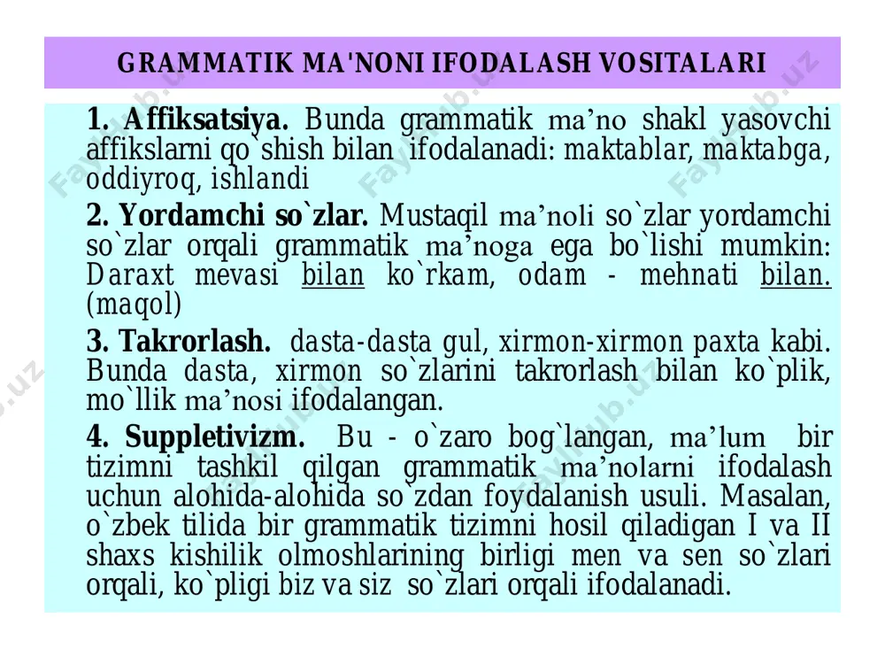 mon bo'lguncha, yer oftob atrofida kezib charchaguncha evriladi, nahot aylanaveradi qonli charx? so’z turkumlarining xususiyatlari lug’aviy ma’noga ega morfologik jihatdan o’zgaradi gap bo’lagi vazifasini bajaradi mustaqil so’zlar + + + yordamchi so’zlar - - - alohida guruh so’zlar - - + mustaqil soz turkumlari ot son sifat olmosh ravish fe’l yordamchi so’z turkumlari yordamchi so’z turkumlari ko’makchi bog’lovchi yuklama so’zlarni tobe qilib bog’laydi so’zlarni teng va tobe qilib bog’laydi so’zlarga qo’shimcha ma’nolar yuklaydi alohida guruh so’zlar alohida guruh so’zlar modal so’zlar undov so’zlar taqlid so’zlar fikrga munosabat ifodalaydi turli his-tuyg’u, buyruq-xitob ifodalyd harakat, holatga taqlidni ifodlaydi uyga vazifa 1. ma’ruzani o`qib kelish. 2.mavzuga tegishli mashqlarni bajarish. 3. mavzuga tegishli ltqni to`ldirish. mashqni bajarish namunasi: 1. gapdagi so‘zlarning grammatik ma’nolarini aniqlab yozing: 1) turkumi; 2) gapdagi vazifasi; 3) grammatik manoni ifodalash vositasi; 4) gr. ma’noni ifodalash usuli. aql bozorda sotilmas. aql - 1) ot; 2) ega; 3) nol ko‘rsatkich; 4) sintetik …