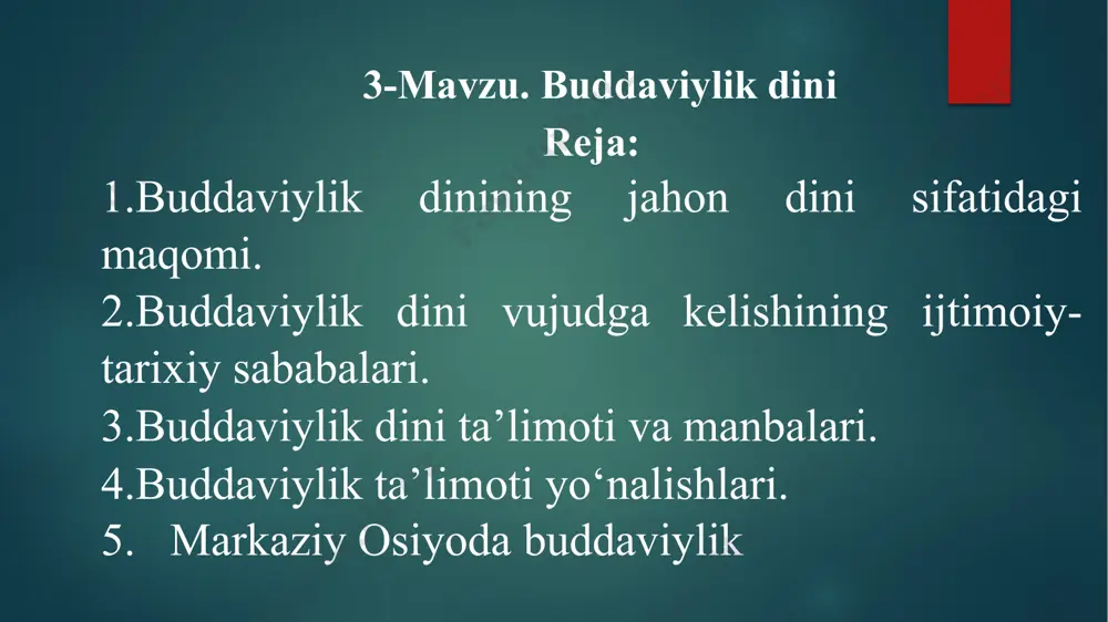 aʼlimotini birinchi marta sarnath shahrida "dharmaning gʻildirakni aylantirishi" deb nomlanuvchi birinchi vaʼzida beshta rohibga (bular "beshta shogird" deb ataladi) yetkazdi. ushbu vaʼzda u toʻrt oliy haqiqat va sakkiz qirrali yoʻl kabi asosiy tamoyillarni tushuntirdi.shu kundan boshlab budda o’z shogirdlari bilan qishloqma-qishloq yurib o’z ta’limotni tarqatib, o’ziga yangi izdoshlar orttiradi. budda 40 yil davomida o’z ta’limotini hindistonning turli joylariga yetkazadi va 80 yoshida kushtnagara degan joyda dunyodan o’tdi. uning jasadi, hind udumiga ko’ra, u yerda kuydirilib, uning xoki 8 ta budda jamoalariga bo’lib yuborildi va har bir jamoa uni dafn etgan joyida ibodatxona barpo etishgan. budda ko’p yillar davomida yer yuzidagi turli mavjudotlar qiyofasida qayta tug’ilgan: 84 marta ruhoniy, 58 marta podshoh, 24 marta rohib, 13 marta savdogar, 18 marta maymun, 12 marta tovuq, 8 marta g’oz, 6 marta fil, shuningdek, baliq, qurbaqa, kalamush, quyon kabi qiyofalarda qayta tug’ilgan. jami 550 marta qayta tug’ilgan. u doimo qaerda, qay qiyofada tug’ilishini o’ziga …