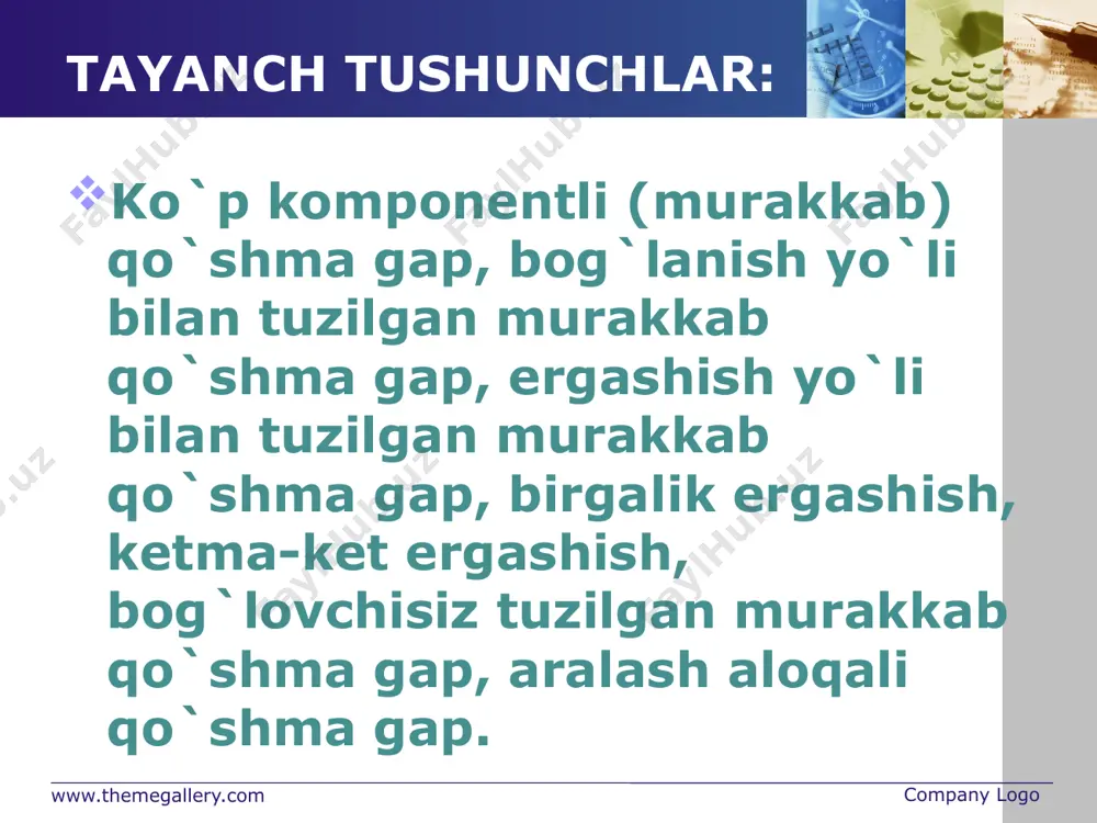 ushadi: har holda shuni bilishing kerakki, ertaga tong otadi, hayot yana davom etadi. e) aniqlovchi ergash gaplarning uyushishi: shunday hayot tug‘ildiki, u sensiz yashay olmaydi, sen uning qudratli kuchisan. (a.muxtor); f) sabab ergash gaplarning uyushib kelishi: kun bo‘yi piyoda yurib charchadimmi, karnaydan hadeb yangrayotgan muzika elitdimi, uxlab qolibman. (o‘.hoshimov); g) ravish ergash gaplarning uyushib kelishi: adirlarni qoplab yotgan qor tezda erib, kunlar isib, o‘t-o‘lanlar ko‘kara boshladi. (ch.aytmatov). h)maqsad ergash gap uyushadi: yurtimiz obod bo`lsin deb, xalqimiz shoyi kiysin deb, tut ko`chati ekamiz. www.themegallery.com company logo i) chog`ishtirish- o`xshatish ergash gaplar uyushadi: quyosh tabiatga jon kiritganidek, yer insonga rizqu- ro`z berganidek, ona ham o`z farzandiga qalb qo`rini, mehrini baxshida qiladi. turli tipdagi birgalik ergashishda ergash gaplar har xil bo‘ladi va ularning har biri bosh gapdagi biror bo‘lakni yoki bosh gapni butunicha turli tomondan izohlaydi, aniqlaydi, to‘ldiradi. ularning so‘roqlari ham har xil bo‘ladi. bunday ergash gaplar uyushmagan ergash gaplar deb yuritiladi: qor …