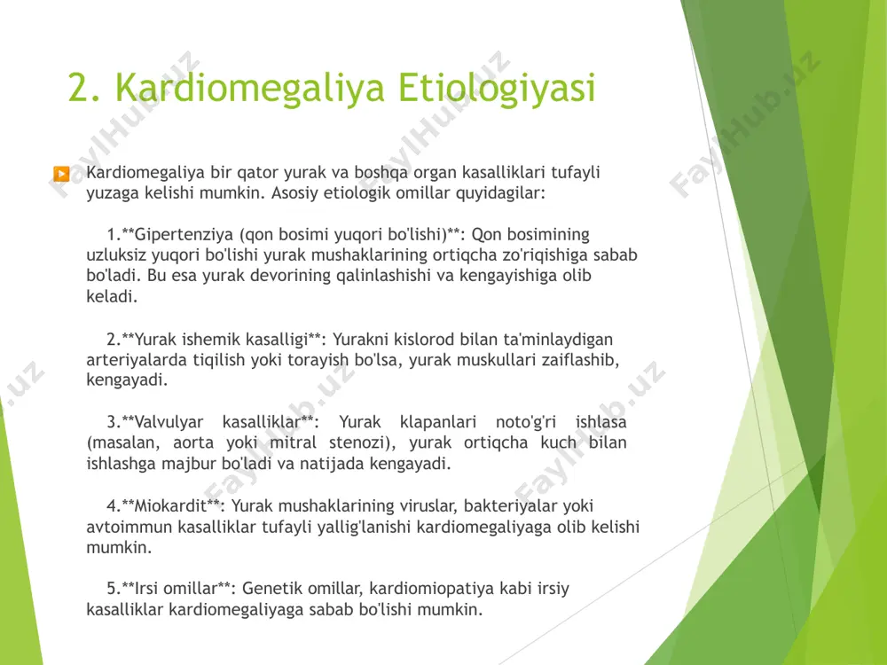 iyati kuzatiladi. kardiomegaliyada ekg quyidagi o‘zgarishlarni ko‘rsatishi mumkin: yurak devorlarining kengayishi bilan bog‘liq o‘zgarishlar yurak ritmining buzilishi (masalan, fibrillyatsiya) yurak qismlarida o‘zgarishlarni aniqlash (masalan, chap yoki o‘ng bo‘lakdagi kengayishlar) 10. kardiomegaliyaning davolash usullari ▶ kardiomegaliyaning davolash usullari kasallikning sababiga qarab belgilanadi. asosiy davolash usullari quyidagilardan iborat: dori-darmonlar: yurak faoliyatini yaxshilash uchun (masalan, diuretiklar, ace-inhibitorlari). operatsiya: og‘ir holatlarda yurak klapanlari yoki transplantatsiya talab qilinishi mumkin. hayot tarzini o‘zgartirish: parhez va jismoniy faoliyat kardiomegaliyaning rivojlanishini sekinlashtiradi.