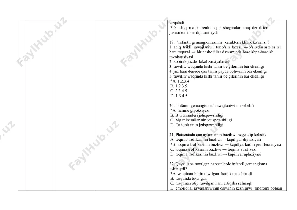 genoterapiya 3. skleroterapiya 4.krioterapiya 5. elektrokoagulyatsiya 6. endovaskulyar okklyuziya 7. svch- desruksiya 8. lazeroterapiya *a. 1.2.3.4.5.6.7 b. 1.2.3.4.8 c. 1.3.5.7.8 d. 2.4.6.8 33. kapillyar gemangiomani emlewdin qaysı usili en radikal ham tez usil esaplanadi. biraq agressiv bolip. ozinen keyin kosmetik nuqsan qaldiradi? a. kriyoterapiya b. qisqa fokusli rentgenoterapiya c. skleroterapiya *d. xirurgik alip taslaw 34. qaysi metod kapillyar gemangiomanı emlew protsesinin baslaniwin tezlestiredi ? a. xirurgik alip taslaw *b. qisqa fokusli rentgenoterapiya c. skleroterapiya d. kriyoterapiya 35. kapillyar gemangiomani emlewdin qaysi metodinda. gemangiomaga alkogolli substansiya jiberilgende. aseptik isiniw ham onnan keyin shandiq payda boladi? a. xirurgik alip taslaw b. qisqa fokusli rentgenoterapiya *c. skleroterapıya d. kriyoterapiya 36. kapillyar gemangiomani emlewdin qaysi usili har qiyli forma ham tarawdagi arnawli applikatorlar járdeminde o’speni suyiq azot penen muzlatiw ushin isletiledi? a. xirurgik alip taslaw b. qisqa fokusli rentgenoterapiya c. skleroterapiya *d. kriyoterapıya 37. kapillyar gemangiomani emlewdin sistemali tasir etiwshi usilin korsetin : 1. …