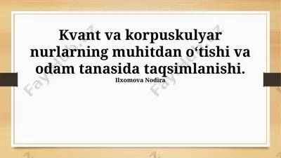 kvant va korpuskulyar nurlarning muhitdan oʻtishi va odam tanasida taqsimlanishi — PPTX