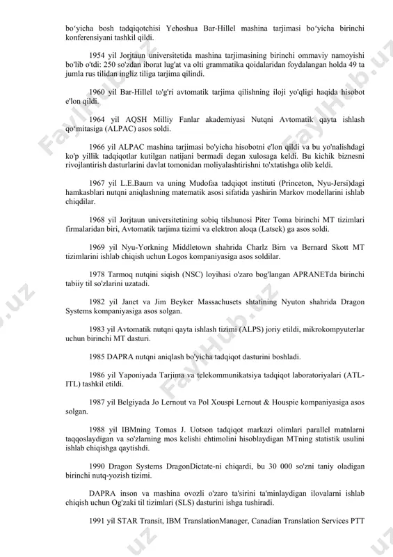 ylanib, vaqt va inson resurslarini tejashga yordam beradi. 70-80-yillarda deputatning tiklanishi haqida. quyidagi faktlar guvohlik beradi: yevropa hamjamiyatlari komissiyasi (msk) systranning inglizcha-fransuzcha versiyasini, shuningdek rus tilidan ingliz tiliga tarjima tizimini sotib oladi (ikkinchisi alpac hisobotidan keyin ishlab chiqilgan va us air tomonidan foydalanishda davom etgan) kuch va nasa); bundan tashqari, msk frantsuz-ingliz va italyan-ingliz versiyalarini ishlab chiqishni buyuradi. o'sha paytda msk tufayli susy va geta guruhlari ishlanmalariga asoslangan eurotra loyihasining poydevori qo'yildi. shu bilan birga, yaponiyada mt faoliyatining tez kengayishi mavjud (asosan, 1940-yillarning oxirida weaver tomonidan ishlab chiqilgan interligva texnologiyasiga asoslangan); aqshda pan amerika sog'liqni saqlash tashkiloti (paho) ispan-ingliz yo'nalishini (spanam tizimi) ishlab chiqishni buyuradi; aqsh harbiy havo kuchlari ostindagi texas universiteti qoshidagi lingvistik tadqiqotlar markazida mt tizimini ishlab chiqishni moliyalashtirmoqda; kanadadagi taum guruhi o'zlarining meteo tizimini (asosan meteorologik hisobotlarni tarjima qilish uchun ishlatilgan) rivojlantirishda sezilarli yutuqlarga erishmoqda. bir qator loyihalar 70-80-yillarda boshlangan. keyinchalik to'liq tijorat tizimlariga aylandi. 1978-93 yillarda …