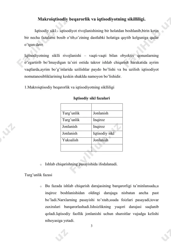 tisodiyotning siklli o’zgarishi eng avvalo pul massasi oqimini o’zgartirishga bog’liq iqtisodiy faollikning o’sishi,iqtisodiyotning ravnaq topishi,uning turg’unlik bilan almashinib turishiga yagona sabab pul oqimining o’zgarishidir.tovarlarga talabning ortishi natijasida savdo,chakana narx o’sib,ishlab chiqarishning kengayishiga olib keladi pul oqimi (iste’mol xarajatlari summasi) pul miqdorining o’zgarishi natijasida o’zgaradi.pul miqdorining kamayishi iqtisodiy faoliyat faolligini pasaytiradi. nomonetar nazariya monetar va nomonetar yo’nalish o’rtasidagi farq uncha katta emas,biri ikkinchisini to’ldiradi.tarafdorlari texnologik o’zgarishlar, yangiliklar, ixtirolarning ahamiyatini alohida ta’kidlab,pul jamg’arishning ko’payib ketishidagi rolini ko’rsatishadi. har ikkala nazariya ham oxir-oqibat iqtisodiy faollikning kuchayishiga iste’mol emas,balki investitsiya sabab bo’ladi,degan fikrni ilgari surishadi yetarlicha iste’mol qilmaslik nazariyasi bu nazariyaning mohiyati ko’proq jamg’arib,samarali darajada iste’mol qilmaslik jamiyatni siklli rivojlanishining sababi qilib ko’rsatiladi: mablag’ni jamg’arish,boshqacha aytganda xazinaga aylantirish turg’unlikka olib kelishi mumkin,chunki bu mablag’ investitsiyalash uchun foydalanilmaydi pulni jamg’arish iste’mol tovarlariga talabning qisqarishiga olib keladi,chunki u iste’molga sarflanmaydi natijada investitsiyaga nisbatan pul shaklidagi jamg’arish hajmi o’sib borib,iste’mol tovarlariga talab kamayib boradi,taklif esa ortadi,narx pasayadi,iste’mol …