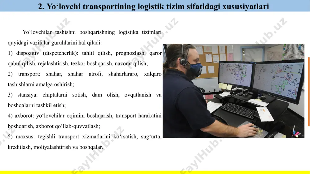 jarayonlarini tashkil etish va boshqarishning asosiy vazifalari logistikani iqtisodiy fan sifatida shakllantirish xx asrning 50-yillarida boshlangan. logistika nazariyasi va amaliyoti oxirgi 30 yil ichida dunyoda jadal rivojlanmoqda. ko‘pchilik sanoat va tijorat kompaniyalari rahbariyati xaridlarning tovarlarni taqsimlashgacha bo‘lgan barcha logistik jarayonlarga katta eʼtibor qaratadi. bugungi kunda sanoatlashgan mamlakatlarda raqobat muhitida logistika korxonalarning raqobatbardoshligini taʼminlashda asosiy omil bo‘lib, tovar ayirboshlash xarajatlarini qisqartirish bilan emas, balki tovarlar va xizmatlar isteʼmolchilari uchun transport-logistika xizmatlarini yaratish va takomillashtirish hisoblanadi. 4. transport-logistika jarayonlarini tashkil etish va boshqarishning asosiy vazifalari savdo korxonalari ishlab chiqaruvchilar mijozlar temir yo‘l transporti operatorlari avtomobil transporti operatorlari suv transporti operatorlari havo transporti operatorlari omborxonalar transport-logistika tizimini boshqarish gps navigatsiya va axborotlar moliya va sug‘urta logistik operatorlar transport-logistika tizimini boshqarish majmui taqdim etilgan model transport xizmatining barcha turlarini tashkil qilganda yetkazib berish jarayonidagi elementlarning o‘zaro bog‘liqligini tasvirlaydi. adabiyotlar tahlili asosida transport-logistika jarayonida asosiy tashkilotchi vazifasini bajaradigan logistika usullari ko‘rib chiqildi 5. transport xizmatlari …