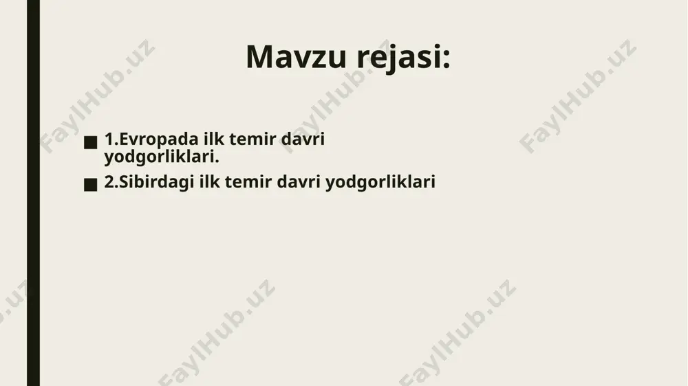 irilib birga ko’milgan. shuningdek, bu yerda ularning diniy e’tiqodi bilan bog’liq turli xayvonlarning oltin haykalchalari (bug’u tasviri ko’plab topilgan), kumush idishlari va sopol buyumlari xam qo’yilgan. soloxa, chertomlik, kuloba mozor–qo’rg’onlari bularga misol bo’la oladi. jumladan quyi dnepr bo’yidagi chertomlik mozor– qo’rg’onining balandligi 20 metr, aylanasi esa, 350 metr bo’lgan.rossiya xududida mil.av vii–ii asrlarga oid volga, oka daryolari bo’ylarida d`yakovo shahar xarobalari va kama bo’yidan anan`ino shaxar xarobalari topilgan. bu yerning axolisi asosan chorvachilik (yilqichilik), qisman dehqonchilik bilan shug’ullangan. d`yakovo yodgorligidan yerto’lalar, temir o’roqlar, yorg’uchoqlar, urchuqtoshlar topilgan. bu yerdan asosan suyakdan ishlangan mehnat qurollari topilgan. anan`no yodgorligidan esa, katta urug’ iste’qomat qilgan uzunasiga solingan uylar qoldig’i topilgan. ularning dafn marosimlari axoli o’rtasida mulkiy tabaqalanish boshlanganligini ko’rsatadi. boylarning qabrlarida turli zeb-ziynatlar, qurol yarog’lar bor. oddiy odamlarilarnikida esa bunday buyumlar kam uchraydi, ba’zilarida esa umuman yo’q. sibirning temir davri yodgorliklaridan sayan va oltoy yodgorliklari mashxurdir, chunki bu xududlar unumdor va metallga boy bo’lgan. …