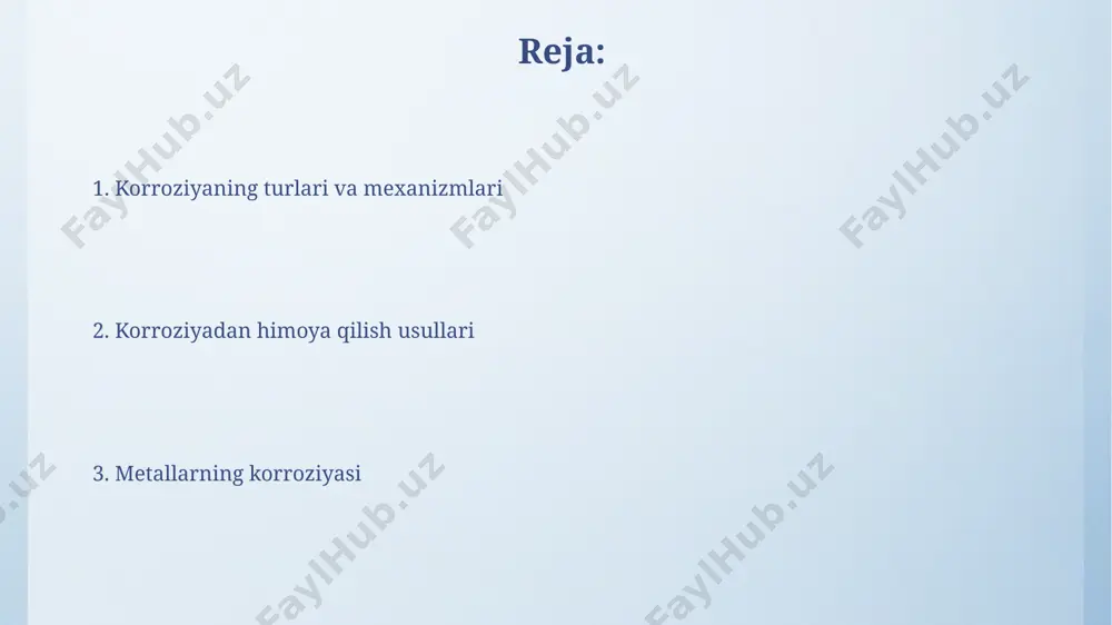 n, 316l zanglamaydigan po'lat, dengiz suvi muhitida, xususan, xitoyning qirg'oq hududlarida qurilish inshootlarida keng qo'llaniladi. metallarning korroziyasi tushunchasi metallarning korroziyasi – bu metallarning atrof-muhit bilan oʻzaro taʼsirida, masalan, havo namligi (70% dan yuqori) yoki tuproqdagi elektrolitlar taʼsirida, kimyoviy yoki elektrokimiyaviy jarayonlar natijasida asta-sekin buzilish jarayonidir. bu jarayon samarqanddagi tarixiy binolarning metall konstruksiyalarida ham kuzatiladi. korroziya jarayoni metallarning yuzasida oksidlanish, gidratlanish va boshqa kimyoviy reaksiyalar natijasida 1-3 mm qalinlikdagi qatlam hosil boʻlishini oʻz ichiga oladi. bu jarayon, masalan, toshkentdagi metall quvurlarning ishlash muddatini qisqartiradi. korroziyaning iqtisodiy zararlari o'zbekistonda metall konstruksiyalar korroziyasi natijasida qurilish va sanoat tarmoqlarida yiliga o'rtacha 5-10% gacha iqtisodiy zarar yuzaga keladi, bu esa ta'mirlash va almashtirish xarajatlarini oshiradi. rossiyaning neft va gaz quvurlarining korroziyadan shikastlanishi yiliga millionlab tonna neft va gaz yo'qotilishiga, shuningdek, atrof-muhit ifloslanishiga olib keladi. korroziyaning mexanizmlari temirning korroziyasi, suvning ph darajasi 5,5 dan past bo'lganda, elektrokimyoviy mexanizm orqali, ya'ni anod va katod zonalarining hosil bo'lishi …