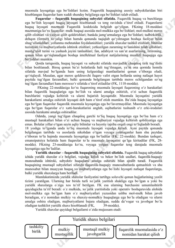 orlari; - o‘zbekiston respublikasi vazirlar mahkamasining qarorlari; - vazirliklar, davlat qo‘mitalari va idoralarning buyruqlari hamda qarorlari; - mahalliy davlat hokimiyati organlarining qarorlari. fuqarolik-huquqiy munosabat. fuqarolik-huquqiy munosabat deb, fuqarolik huquqining turli subyektlari o‘rtasida vujudga keladigan va fuqarolik huquqiy me’yorlar bilan tartibga solinadigan ijtimoiy munosabatga aytiladi. fuqarolik-huquqiy munosabat ijtimoiy munosabat sifatida, eng avvallo, turli subyektlar, kishilar o‘rtasidagi o‘zaro munosabatlar normal munosabatlar bo‘lganligi sababli ushbu munosabatlar unda ishtirok etuvchi shaxslarning erk-irodasi, xohishida ko‘ra vujudga keladi. fuqarolik munosabatida qatnashuvchi kishilarning erklari garchi ularning xatti-harakatlarida ifodalansa ham, biroq uning mohiyati va doirasi fuqarolik qonun hujjatlarida o‘z mujassamini topadi. fuqarolik-huquqiy munosabatlarni boshqa ijtimoiy-huquqiy munosabatlardan farq qildiruvchi muayyan xususiyatlari mavjud: 1. fuqarolik-huquqiy munosabatlarda ishtirok etuvchi shaxslar muayyan mulkiy mustaqillikka ega bo‘lishi shart; 2. fuqarolik-huquqiy munosabatlarda ishtirok etuvchilar teng huquqli shaxslar hisoblanadi. fuqarolik-huquqiy munosabatlarda ishtirok etuvchi subyektlarning huquqlari va qonuniy manfaatlari buzilgan taqdirda, odatda, da’vo qo‘zg‘atish orqali sudlar tomonidan himoya qilinadi. fuqarolik-huquqiy munosabatlar mazmunan bir necha turga bo‘linadi: …