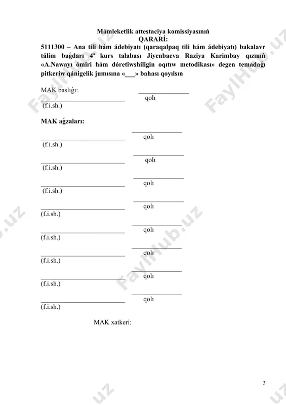 ılda oqıtıw..................................................................................................................... juwmaq......................................................................................................... paydalanılǵan ádebiyatlar........................................................................... ki̇ri̇si̇w. temanıń aktuallıǵı: búgingi kúnde oqıtıwshılardıń joqarı kásiplik tayarlıqqa, pedagogikalıq tájiriybege, joqarı ruwxıy ádep-ikramlılıq páziyletlerge, ideologiya haqqında tereń bilimlerge iye bolıwı, tálim-tárbiya islerinde zamanagóy pedagogikalıq texnologiyalardan, interaktivlik usıllardan nátiyjeli paydalanıwı dáwir talabı esaplanadı."bir kún emes, bir saat da keshiksek, ekonomikamızǵa, erteńgi kúnimizge, jaslarımızǵa úlken zıyan boladı", - dep aytqanınday shavkat mirziyoyev jas áwladtıń hár tárepleme jetik, bilimli, joqarı ruwxıyatlı, náwqıran watan súyiwshi shaxslar bolıp jetilisiwin támiyinlew joqarı ámelge asırılıp atırģan úlken dóretiwshilik isleriniń eń tiykarģı buwını sıpatında pedagog xizmetkerlerdiń joqarı ilimiy, metodikalıq bilimlerin hám ámeliy iskerligin asırıp, joqarı tájiriybege iye bolıwın támiyinlew barısında zárúr is ilájlardı ámelge asırıw kerek. dúnya júzi xalıqları arasında óziniń úlken abırayına iye bolıp kiyatırģan ózbekstanda bıyıl rawajlanıwdıń jańa basqıshına kóteriliwi, mámleketimizge sh.m.mirziyoevtıń prezident bolıp saylanıwı, «háreketler strategiyası»nıń islenip shıģıwı, bir neshe joybarlardıń ámelge asırılıwları bunıń ayqın dálili. prezidentimiz sh.m.mirzeyoev birinshi rásmiy saparın qaraqalpaqstan respublikasına baģıshladı. ol 2017-jıl 21-22-yanvar kúnleri respublikamızģa …