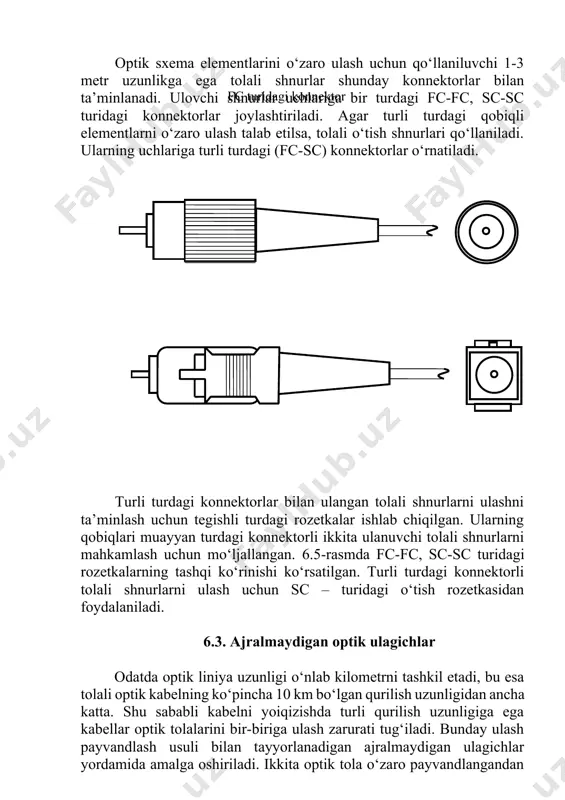 ni quyish uchun teshik; 3, 4 - optik tola. tolalarni yarimssilindrik ariqchali plastina yordamida ulash (11.4-rasm) usulida kiritiladigan so‘nish sathi 0,5 db ni tashkil etadi. tola oxirlari aniq markazlashtirilib, so‘ng yopishtiriladi yoki payvandlanadi. ajralmaydigan optik ulashda optik tolalarni doimiy ulash, yuqorida qayd etilganidek, payvandlashda keng foydalaniladi. hozirda payvandlash qurilmalari amaliyoti takomillashib bormoqda. natijada payvandlashli ulash usuli qo‘llanilganda kiritiluvchi so‘nish qiymatlari bir modali va ko‘p modali tolalar uchun 0,04-0,1 db ni tashkil etadi./ ko‘p modali tolalarda payvandlashli ulash sifatiga ta’sir qiluvchi, tolaning o‘ziga bog‘liq bo‘lgan omillar mavjud. bu omillarga tola diametrlarining, sonli aperturalarining va sindirish ko‘rsatkichlarining mos kelmasligi, o‘zakning qobiq markazida joylashmasligi kiradi. 3 1 2 4 а) b) 6.4- rasm. dumaloq ariqchali plastina va v-turdagi forma yordamida tolani ulash: 1-tola; 2-ariqchalar; 3-plastina; 4-qopqoq bir modali tolalarda (dispersiyasi siljimagan holda) payvandlash sifatiga ta’sir qiluvchi asosiy omil - bu tolalar moda maydoni diametrlarining mos kelmasligi hisoblanadi. shuningdek, bo‘ylama va burchakli siljishlar, o‘zakning …