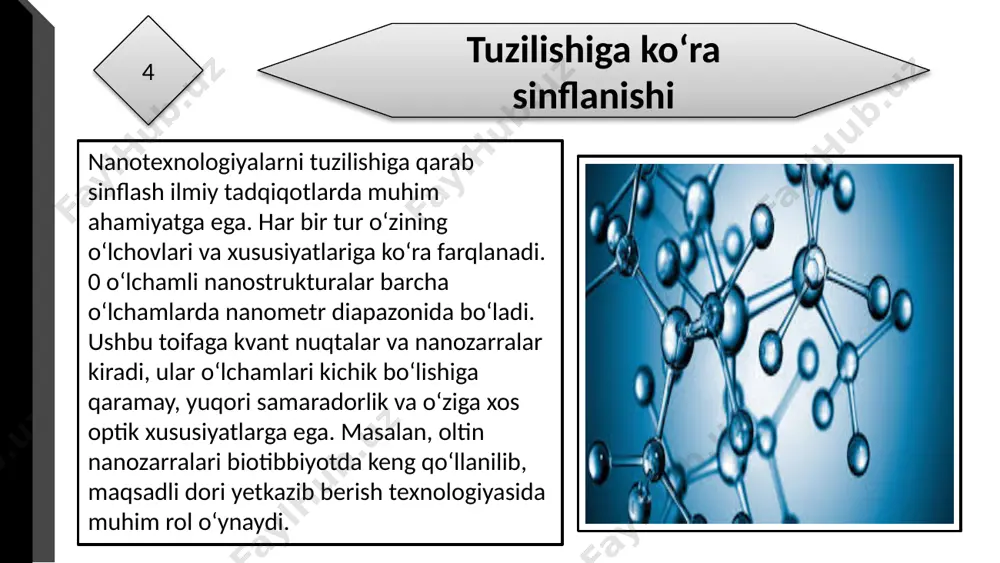rning sinflanishi, ya’ni tuzilishi, tarkibi va ishlab chiqarish usullariga qarab tasniflanishi, ushbu texnologiyaning ilmiy asoslarini tushunishda muhim rol o‘ynaydi. tuzilishiga qarab sinflanish nanotexnologiyalarning fizikaviy xususiyatlarini, tarkibiga qarab sinflanish ularning kimyoviy xususiyatlarini ochib beradi. texnologik usuliga ko‘ra sinflanish esa ularning ishlab chiqarish jarayonidagi yondashuvlar va imkoniyatlarni ko‘rsatadi. har bir sinf o‘ziga xos xususiyatlarga ega bo‘lib, ular nanotexnologiyalarning keng qo‘llanilish sohalarini belgilaydi. 11 adabiyotlar 1. "petroleum refining technology and economics" - james g. speight 2. "polymer chemistry: an introduction" - malcolm p. stevens 3. "principles of polymerization" - george odian 4. "introduction to organic chemistry" - william h. brown, thomas poon 12 e’tiboringiz uchun rahmat image1.jpeg image2.jpeg image3.png image4.jpeg image5.jpeg /docprops/thumbnail.jpeg