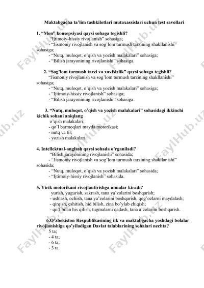 maktabgacha ta’lim tashkilotlari mutaxassislari uchun test savollari — DOCX