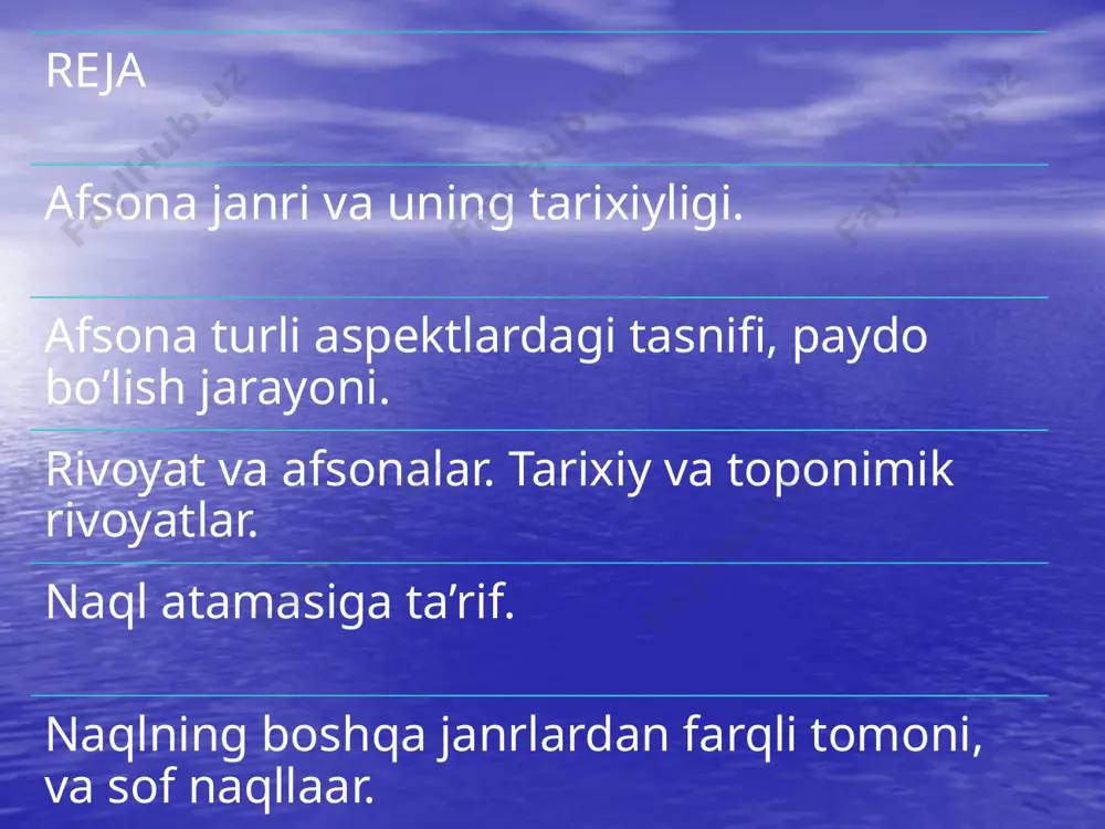 q o’tmishda sodir bo’lgan. syujet sxematik tarzda, monolig va diolog uchrab,asar shunchaki bayon qilinadi. bu xil rivoyatlar tarixiy, etnografik ishlar, badiiy ocherklar, sayohatnomalar, qadimgi manbalarda uchraydi. ularda hikoya qilishning o’ziga xos usuli mavjud bo’lib, yakunda asosiy maqsad ta’kidlanadi. m: “to’rabekxonim maqbarasi”, “anda jon qoldi”, “odinajon”,”qo’ng’irot” kabilar. naql-xalq og’zaki prozasining majozga asoslangan mustaqil janri. boshqa janrlardan ahloqiy-didaktik vazifa o’tashi bilan farqlanadi. naql atamasi yaqin va o’rta sharqda “zarbulmasal” deyilgan. o’zbeklar asosan naql so’zini ishlatadilar. naql-ahloq-odob haqidagi fikrlarni izohlovchi, ta’limiy xarakterdagi majoziy hikoya. bu atama keng ma’noda bo’lib turkiy yodnomalarda, mif, ertak, afsona, rivoyat, doston, maqol,matal, topishmoq ham “naql” nomi bilan atalgan. hozirda ozarbayjonlar ertakni, turkmanlar maqolni, qirg’izlar ibratli rivoyatni, uyg’urlar og’zoki hikoyani “naql” deb ataydilar. naqllarni yuzaga kelishidaga xalq hayotiy tajribasi, dono falsafasi; hind xalq kitobi “panchatantra”, “kalila va dimna”, o’z xalq ertagi, maqollari muhim rol o’ynagan. 4. ozbek xalq naqllari: “har kim qilsa o’ziga”, “odam odam bilan tirik”, “ko’rpangga qarab …