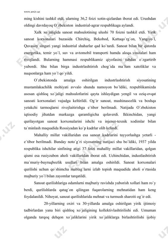 korxonalari qurilishi uchun qo`shimcha mablag`larni izlab topish maqsadida aholi o`rtasida majburiy yo`l bilan zayomlar tarqatildi. sanoat qurilishlariga odamlarni majburiy ravishda yuborish xollari ham ro`y berdi, qurilishlarda qatag`on qilingan fuqarolarning mehnatidan ham keng foydalanildi. nihoyat, sanoat qurilishlarida mehnat va turmush sharoiti og`ir edi. 20-yillarning oxiri va 30-yillarda amalga oshirilgan yirik ijtimoiy tadbirlardan yana biri qishloq xo`jaligining kollektivlashtirilishi edi. umuman olganda tarqoq dehqon xo`jaliklarini yirik xo`jaliklarga birlashtirilishi ijobiy xodisa deb qarash mumkin. lekin bu jarayon dehqonlarning o`z xohishi bilan, ixtiyoriy ravishda amalga oshirilishi kerak. amalda esa 1929 yilda majburiy yo`l bilan dehqonlarni kolxozlarga birlashtirish boshlanib ketdi. yoppasiga kollektivlashtirish davrida kooperatsiyaning turli shakllariga barham berilib, faqatgina kolxozlar qoldirildi. kolxozlarga ishlab chiqarish (ta`minot, kredit, sotish, matlubot, ishlab chiqarish vositalarining deyarli barchasi) umumiy jamoa mulkiga aylantirilar edi. bu esa asrlar osha xususiy tarzda xo`jalik yurgizib kelayotgan dehqonlaning noroziligini tug`dirar edi. kolxoz tuzish dehqonlarga tazyiq o`tkazish, qonunchilikni buzish sharoitida kechdi. kolxozga kirishni xohlamagan dehqonlarni saylov huquqidan …