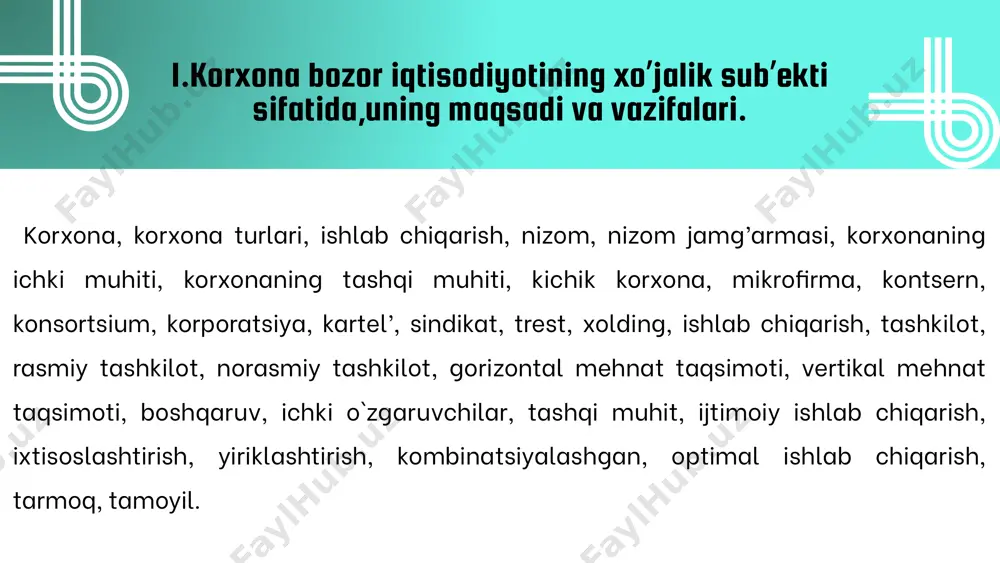 liturmush darajasining oshishiga xizmat qiladi. iqtisodiyotning erkinlashtirilishi sharoitida korxonalar faoliyatining asosiy yo’nalishlari quyidagilardir: - bozorni har tamonlama o’rganish asosida mavjud mahsulot (ish,xizmat)larga bo’lgan va kelajakda paydo bo’ladigan talabni aniqlash va o’zistiqbolini belgilash; - mahsulotlarni reklama qilish, o’rash, turli texnik xizmatlar ko’rsatishnitashkil etish; - mahsulot (ish, xizmat)larning yangi turlarini va modellarini yaratish nuqtai nazaridan ilmiy tadqiqot ishlarini tashkil etish; - iste’molchilar talabiga mos keladigan mahsulotlar ishlab chiqishni tashkilqilish; - ishlab chiqarishni muvofiqlashtirish, rejalashtirish, dasturlash vamoliyalashtirish; - mahsulotlarni sotish tizimini tashkil etish va takomillashtirish; - korxona boshqaruvini takomillashtirish va boshqalar. bozor tizimida iqtisodiy sub’ektlarning bir-biri bilan oldi-sotdi munosabatlarining predmetlarini keltiramiz (2.1-jadval). bozor sub’ektlarining oldi-sotdi predmetlari tashkiliy iqtisodiy nuqtai nazardan qaraganda korxona - moddiy, mehnatva moliyaviy resurslar majmuasidan iborat bo’lib, u tadbirkorlik faoliyati asosidatashkil qilinib, mahsulot ishlab chiqish, biron bir ish yoki xizmatni aholining,bozorning talablarini qondirish va foyda olish maqsadida yoki sotsial ahamiyatgaega bo’lgan funksiyasini bajarishdir. shunday qilib korxona xo’jalik sub’ekti bo’lib,uning maqsad …