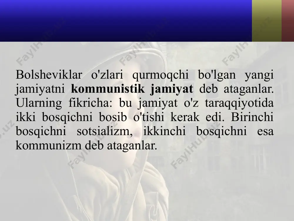 sion lagerlarga tashlandi. ayni paytda sovet hokimiyati 1919-yildan boshlab mamlakatda «harbiy kommunizm» siyosatini joriy etdi. uning mazmunini oziq-ovqat razvyorstkasi deb atalgan tartib joriy etilganligi tashkil etdi. bu iboradagi «harbiy» so'zi — bu siyosatning fuqarolar urushi va harbiy intervensiya davrida qo'llanilganligini anglatadi. «kommunizm» so'zi esa 1919—1921-yillarda sovet rossiyasida marksizm-leninizm ta'limoti tasavvuridagi komunizmga xos quyidagi xususiyatlar amal qilganligini anglatadi: savdoning tugatilganligi; pulning bekor qilinganligi, binobarin, mehnat uchun pul to'lanmasligi; aholiga iste'mol mollarini taqsimlab berishning amal qilishi; barcha xizmat turlarning tekinligi. to'rtlar ittifoqining yengilishi antantaga sovet rossiyasi hududiga kiritilgan qo'shinlarining sonini ko'paytirishga imkon berdi. chunonchi,1919-yilning fevral oyida antantaning rossiya janubiy hududiga tashlangan qo'shinining soni 130 ming, uzoq sharq va sibirdagi qo'shini esa 20 ming kishiga yetkazildi. ayni paytda, antanta oq gvardiyachilarni qo'llab-quvvatlay boshladi. 1918-yilning 18-noyabrida sibirda hokimiyat oq gvardiyachi admiral a. v. kolchak qo'liga o'tdi. u o'zini rossiyaning oliy hukmdori deb e'lon qildi. 1919-yilning yanvarida shimolda general ye. k. miller, shimoli-g'arbda general n. …