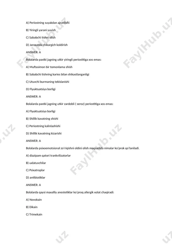 wer: a bolalarda tuberal anesteziya quyidagi flegmona bilan asoratlanishi mumkin: a) lunj soxasi b) yutqin oldi soxasi c) qanotsimon jag‘ soxasi d) jag osti soxasi answer: a ignasiz og‘riqsizlantirish usullari: a) applikatsion b) pulpa ichi c) suyak ichi d) subperiostal answer: a ildizlari rezorbsiyaga uchragan sut tishlarni olishda qo‘laniladi:- o‘tkazuvchi og‘riqsizlantirish a) aplikatsion og‘riqsizlantirish b) ingalyatsion narkoz c) infiltratsion og‘riqsizlantirish d) umumiy og‘riqsizlantirish answer: a maxalliy anestetiklarga qaysi yoshdan boshlab adrenalin preparatini qo‘shish mumkin: a) 5 yoshdan b) 3 yoshdan c) 10 yoshdan d) 7 yoshdan answer: a maxalliy og‘riqsizlantirishga ko‘rsatma: a) kichik xajmdagi jarroxlik amaliyoti b) idiosinkraziya c) markaziy asab tizimi yondosh nuqsonlarida d) yuqori psixoemotsional qo‘zg‘aluvchanlikda answer: a maxalliy ogriksizlantirish turlari a) regionar b) intubatsion c) endonozal d) nazofaringial answer: a maxalliy ogriksizlantirish turlari a) infiltratsion b) intubatsion c) vena ichiga d) mushak orasiga answer: a maxalliy ogriksizlantirishda kullaniladigan preparatlar a) lidokain b) ketanal c) dimedrol d) analgin …