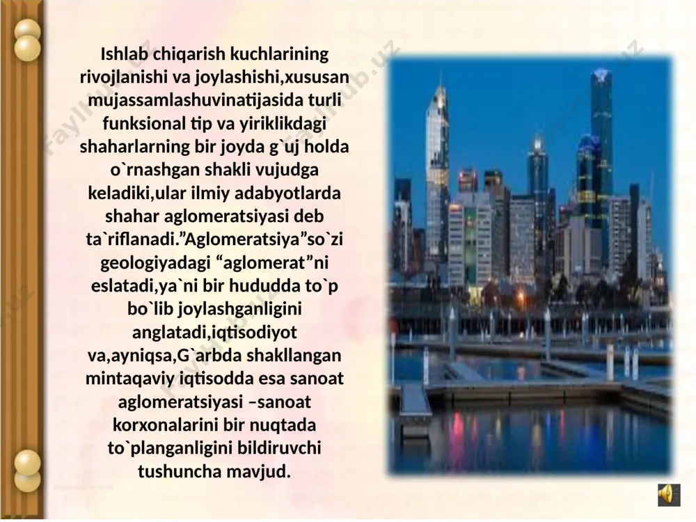 d ammo shahrisabzning o`zini aglomeratsiya hosil qilish qudrati past.aglomeratsiyalar ikki xil markazli bo`lib ular quyidagilar; bir markazli (monotsentrik) ko`p markazli (politsentrik) bularga quyidagi shaharlarni ko`rsatish mumkin farg`ona-marg`ilon,angren-olmaliq aglomeratsiyalar ikki markazli hisoblanadi. toshkent,samarqand, andijon namangan,qarshi,nukus,urganch va boshqa aglomeratsiyalar bitta yirik shahar atrofida vujudga kelgan. shaharlar kengayib ketishi,qimmatli qishloq xo`jalik yerlari hisobidan kengayishi ma`lum darajagacha davom etib boraveradi. keyinchalik shahar hududining cheksiz kengayishi to`xtab “qoladi”,u tog` yoki daryo,davlat chegarasi yoki dengiz kabi to`siqlarga duch keladi,shahar ichida esa uy-joy,transport,ekologiya muommolari keskinlashadi. o`zbekiston (va o`rta osiyo)aglomeratsiyalari o`ziga hos mintaqaviy hususiyatga ega.ular asosan tog` oldi hududlarda sug`orma dehqonchilik joylarida,elektr transport sust rivojlangan,atrofi qishloq xo`jalik ekinlari bilan o`ralgan sharoitida vujudga kelgan. agar shaharlar va shahar o`zaro hududiy tutashib, qo`shilib ketsa,u holda yahlit-ulkan shahar vujudga keladiki,ular konurbatsiya deyishadi (london,rur havzasi konurbatsiyasi va h.k).biroq konurbatsiya ham aglomeratsiyalarning bir shakli,ko`rinishi bo`lsada,har qanday aglomeratsiya ham konurbatsiya emas. shaharlarning hududiy birlashmasining yana bir murakkab shakli megolopolislardir (bu tushunchani fanga amerkalik olim …