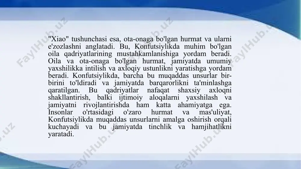 jtimoiy tartibni saqlash va odamlar o'rtasidagi hurmatni ta'minlashga yordam beradi. 4. konfutsiylikda ota-onaga bo‘lgan hurmat va uning jamiyatdagi o‘rni. konfutsiylikda ota-onaga bo‘lgan hurmat alohida ahamiyatga ega bo‘lib, bu qadriyat jamiyatda axloqiy tartib va oila o‘rtasidagi mustahkam aloqalarni ta'minlashda muhim rol o‘ynaydi. ota-onaga hurmat konfutsiylikning asosiy tushunchalaridan biri bo‘lib, bu ijtimoiy va ma'naviy hayotda katta o‘ringa ega. bu tushuncha "xiao" deb ataladi va ota-onaga bo‘lgan hurmat, shuningdek, jamiyatdagi umumiy axloqiy yuksalish va ijtimoiy barqarorlikni saqlashga xizmat qiladi. ota-onaga hurmat konfutsiylikda shaxsning axloqiy tarbiyasining asosini tashkil etadi. "xiao" tushunchasi ota-onaning mehnatini, ularning farzandlaridagi tarbiya va sevgisini e'tirof etishni anglatadi. konfutsiylikda o‘qituvchi yoki ota-ona o‘zining farzandiga nafaqat dunyoviy bilimlarni, balki ma'naviy va axloqiy qadriyatlarni ham o‘rgatadi. bu o‘rinda, ota-onaga bo‘lgan hurmat, faqat tashqi ravishda ularga xizmat ko‘rsatishdan iborat emas, balki ularga o‘zining ichki ehtiromi va mehrini namoyon etishdir. konfutsiylikda ota-onaga bo‘lgan hurmatning jamiyatdagi o‘rni ham juda muhimdir. ota-onaga hurmat qilish, ijtimoiy mas'uliyatni anglash …