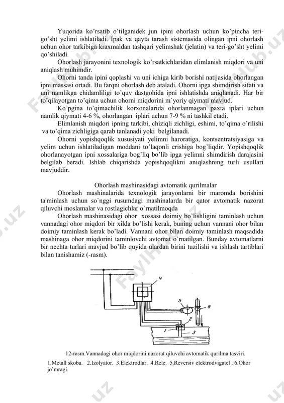 di, ohor pardasi elastiklashadi. shu sababli ohor tarkibiga moyli moddalar qo’shishning hojati yo’q. bu holda ohorni tayyorlash osonlashadi. 1-jadval har xil tolali materiallardan olingan ipni ohorlash uchun ohor tarkibi ohor moddasi iplarni turiga qarab moddalarning miqdori, kg paxta tolasidan olingan tanda ipini jun tolasidan olingan tanda ipini ipak tolasidan olingan tanda ipini kraxmal 46 46 46 xloramin 0,16 0,16 0,16 suv 1000 1000 1000 teri-go’sht yelimi - 0,7 0,7 jelatin - - 0,3 yuqorida ko’rsatib o’tilganidek jun ipini ohorlash uchun ko’pincha teri-go’sht yelimi ishlatiladi. ipak va qayta tarash sistemasida olingan ipni ohorlash uchun ohor tarkibiga kraxmaldan tashqari yelimshak (jelatin) va teri-go’sht yelimi qo’shiladi. ohorlash jarayonini texnologik ko’rsatkichlaridan elimlanish miqdori va uni aniqlash muhimdir. ohorni tanda ipini qoplashi va uni ichiga kirib borishi natijasida ohorlangan ipni massasi ortadi. bu farqni ohorlash deb ataladi. ohorni ipga shimdirish sifati va uni namlikga chidamliligi to’quv dastgohida ipni ishlatishda aniqlanadi. har bir to’qilayotgan to’qima uchun …