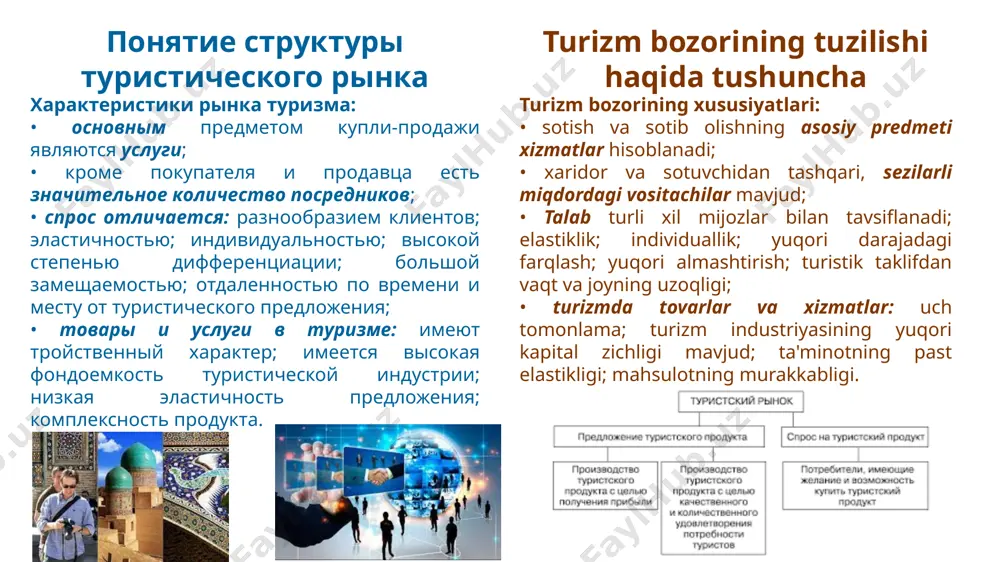 ar) turizmi; • bir mamlakat fuqarolarining ichki turizmi va chiqish turizmini qamrab oluvchi milliy turizm bozori; • kirish (chet elliklar) va chiqish (fuqarolar) turizmidan iborat xalqaro turizm bozori. xalqaro turizm bozori положительные эффекты понятие структуры туристического рынка признаки классификации туристического рынка. в зависимости от цели путешествия: • рекреационного; • делового; • научного; • культурно-познавательного; • религиозного; • этнического. в зависимости от характера организации путешествия: организованного туризма и неорганизованного (дикари). по числу участников путешествия выделяют рынки группового и индивидуального туризма. turizm bozorining tuzilishi haqida tushuncha turistik bozorni tasniflash belgilari. sayohat maqsadiga qarab: • dam olish; • biznes; • ilmiy; • madaniy-ma'rifiy; • diniy; • etnik. sayohatni tashkil etish xususiyatiga ko'ra: uyushgan turizm va uyushmagan (vahshiylar). sayohat ishtirokchilari soniga ko'ra, guruh va individual turizm uchun bozorlar mavjud. vahshiylar guruh turizm положительные эффекты понятие структуры туристического рынка признаки классификации туристического рынка. с точки зрения особенностей и содержания маркетинговой деятельности: • целевой рынок, на …