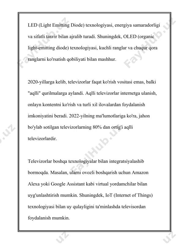 o‘z dasturlarini kengroq auditoriyaga taqdim eta boshladi. 2011-yilda o‘zbekistonda raqamli televideniyeni joriy etish ishlari boshlandi. 2012-yilga kelib, toshkent shahri va toshkent viloyatida raqamli televideniye signallari uzatiladigan bo‘ldi. o‘zbekiston milliy teleradiokompaniyasi o‘z dasturlarini zamonaviy texnologiyalarga asoslangan holda ishlab chiqara boshladi, bu esa tomoshabinlar sifatini oshirdi. 2015-yilda o‘zbekistonda raqamli televideniye uzatish tizimlari to‘liq ishga tushdi va borgan sari keng miqyosda foydalanila boshladi. 2020-yilga kelib, o‘zbekistonning deyarli barcha hududlarida raqamli televideniye signalidan foydalanish imkoniyati yaratildi. bugungi kunga kelib, o‘zbekistonda bir nechta davlat va xususiy telekanallar faoliyat yuritmoqda. shuningdek, internet platformalari orqali onlayn televideniyega kirish imkoniyatlari ham mavjud bo‘lib, bu televideniyening rivojlanishida muhim qadamlardan biri hisoblanadi. o‘zbekiston televideniyesi tarixida amalga oshirilgan bu kabi islohotlar va yangilanishlar uni mintaqada yetakchi televideniyelardan biri sifatida shakllanib, tomoshabinlar orasida katta obro‘-e'tiborga ega bo‘lishiga ko‘maklashdi. o‘zbekiston televideniyesi kelgusida ham texnologik yutuqlarni qo‘llagan holda o‘z faoliyatini kengaytirishni davom ettirishi kutiladi. 3. televideniye va milliy madaniyat "televideniye va milliy madaniyat" mavzusida …