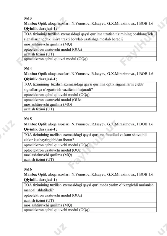 yalar intensivlik bo’yicha modulyatsiya amplituda bo’yicha modulyatsiya №18 manba:optik aloqa asoslari. n.yunusov, r.isayev, g.x.mirazimova.,vi bob 6.3 qiyinlik darajasi-1; raqamli toa tizimlarida modulyatsiyaning qanday usullaridan foydalaniladi modulyatsiyaning diskret usullaridan faza modulyatsiyasidan intensivlik bo’yicha modulyatsiyadan amplituda yoki chastota bo’yicha modulyatsiyalardan №19 manba: optik aloqa asoslari. n.yunusov, r.isayev, g.x.mirazimova., i bob 1.3 qiyinlik darajasi-1; тоа tizimlari vazifasi va signallarni uzatish masofasiga ko’ra qanday tasniflanadi? maxalliy, mintaqaviy va magistral toa tizimlari maxalliy, mintaqaviy toa tizimlari mintaqaviy va magistral toa tizimlari maxalliy va magistral toa tizimlari №20 manba:optik aloqa asoslari. n.yunusov, r.isayev, g.x.mirazimova., xi bob 11.1 qiyinlik darajasi-1; тоа tizimlari liniya trakti tuzilishiga ko’ra qanday tasniflanadi? ikki tolali, bir polasali, bir kabelli; bir tolali, bir polasali, bir kabelli; bir tolali ko’p polasali, bir kabelli yoki to’lqin uzunligi bo’yicha zichlashtirilgan tizimlar ikki tolali, bir polasali, bir kabelli; bir tolali, bir polasali, bir kabelli bir tolali, bir polasali, bir kabelli; to’lqin uzunligi bo’yicha zichlashtirilgan tizimlar bir tolali …