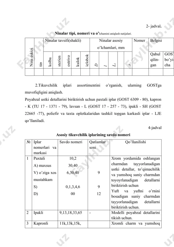 armdan toyoyrlanadigan detallarni biriktirish uchun yuft va yuftni o’rnini bosadigan suniy charmdan tayyorlanadigan detallarni biriktirish uchun. 2 ipakli 9,13,18,33,65 - modelli poyabzal detallarini tikish uchun. 3 kapronli 11k,13k,15k, 50k,9k,11k xromli charm va yumshoq matoli detallarni biriktirish uchun, yuft va yuftni o’rnini bosadigan materiallrdan qilingan detallarni biriktirish uchun. 4 5 lavsanli karkasli 22l,33l,50l,90l 44lx-1,65lx-1 xromli charm va yumshoq materiallardan tayyorlangan detallarni biriktirish uchun gost (tu, ost) tarkibi bilan tanishib chiqqandan so’ng, ip qavatlari sonini aniqlash kerak. rm - 3 mashinasida tajriba o’tkazib, ip mustahkamligi va uzayishini aniqlanadi. tajriba natijalari standart ko’rsatkichlar bilan taqqoslanadi. ma’lumotlar jadvalga kiritiladi. iplarning fizik - mexanik ko’rsatkichlarini aniqlash 5-jadval iplar nomlanishi va markasi savdo nomeri qavatlar soni o’rash yo’nalishi uzulgandagi uzayishi uzish uchun kuch iplarning stand. muvo-fiqligi tog’risida xulosa haqiqiysi gost bo’yicha haqiqiysi gost bo’yicha tahlil natijalari bo’yicha standart ko’rsatkichlariga muvofiqligi to’g’risida xulosa beriladi. 1. ipli choklar mustahkamligiga ta’sir ko’rsatuvchi omillr. ishning bu qismida quyidagilarni bajarish zarur: …