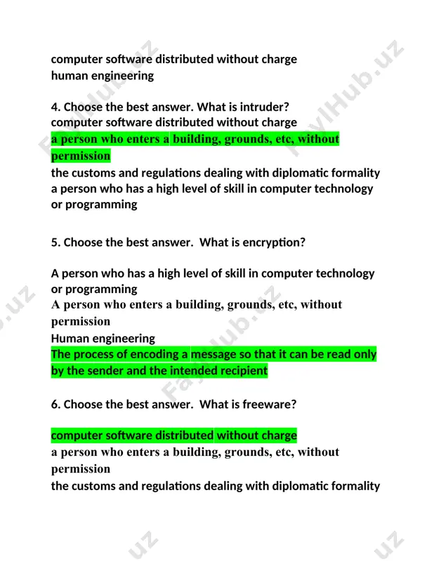 yption enscrypted data back into its original form. converts converting to convert to be convert 10. choose the best answer. malware ( malicious software) _ programs designed to infiltrate or damage your computer. be are is being 11. choose the best answer. viruses, worms, trojans and spyware _ malicious software. be is are being 12. choose the best answer. a virus enter a pc via a disc drive must should can shall 13. choose the best answer. spyware information fromyour pc without your consent. collects asks please work 14. choose the best answer. a trojan horce is disguised as a useful . book laptop keyboard program 15. choose the best answer. remember your anti- virus software as often as possible. to cut to update to bring to sell 16. choose the best answer. originally, all skilled _were known as hackers, but during the 1990s. teachers students parents programmers 17. choose …