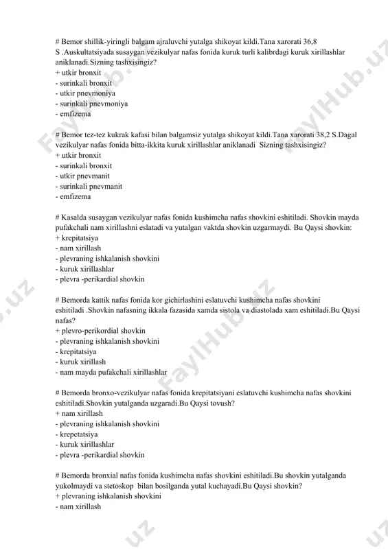 hkasimon. palpasiyada ovoz dirillashini susaygan. perkusiyada kutuchasimon tovush. auskultasiyada bronxofoniya susaygan . kanday kasalik xakida uylashingiz mumkin? + upka emfizemasi - utkir bronxit - uchokli pnevmaniya - krupoz pnevmaniya - kuruk plevrit # bemor shillik-yiringli balgam ajraluvchi yutalga shikoyat kildi.tana xarorati 36,8 s .auskultatsiyada susaygan vezikulyar nafas fonida kuruk turli kalibrdagi kuruk xirillashlar aniklanadi.sizning tashxisingiz? + utkir bronxit - surinkali bronxit - utkir pnevmoniya - surinkali pnevmoniya - emfizema # bemor tez-tez kukrak kafasi bilan balgamsiz yutalga shikoyat kildi.tana xarorati 38,2 s.dagal vezikulyar nafas fonida bitta-ikkita kuruk xirillashlar aniklanadi sizning tashxisingiz? + utkir bronxit - surinkali bronxit - utkir pnevmanit - surinkali pnevmanit - emfizema # kasalda susaygan vezikulyar nafas fonida kushimcha nafas shovkini eshitiladi. shovkin mayda pufakchali nam xirillashni eslatadi va yutalgan vaktda shovkin uzgarmaydi. bu qaysi shovkin: + krepitatsiya - nam xirillash - plevraning ishkalanish shovkini - kuruk xirillashlar - plevra -perikardial shovkin # bemorda kattik nafas fonida …