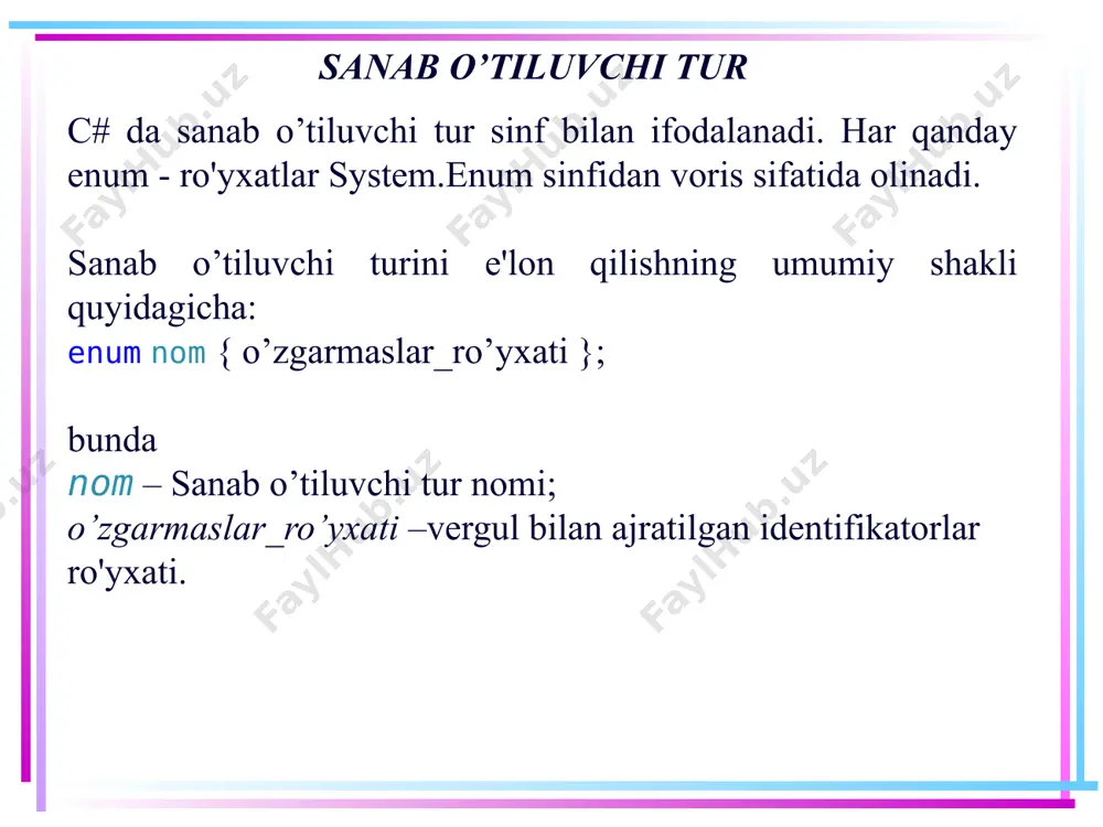 hite // blue = 1 } sanab o’tiluvchi tur har bir enum aslida yangi ma'lumotlar turini belgilaydi. keyinchalik dasturda ushbu turdagi o'zgaruvchini aniqlab, undan foydalanish mumkin: enum operation { add = 1, subtract, multiply, divide } class program { static void main(string[] args) { operation op; op = operation.add; console.writeline(op); // add console.readline(); } } sanab o’tiluvchi tur dasturda ushbu o'zgaruvchiga qiymat berish mumkin. bunday holda, ushbu sanaluvchi o’zgarmaslardan biri uning qiymati sifatida kelishi kerak. ya'ni, har bir o’zgarmas ma'lum bir butun turdagi songa mos kelishiga qaramay, biz unga sonli qiymat bera olmaymiz, masalan, operation op = 1. xatto, agar biz ushbu o'zgaruvchining qiymatini konsolga chop etsak ham, biz son qiymati emas, oz’garmasga ega bo’lamiz. sanab o’tiluvchi tur agar son qiymatini olish zarurati bo'lsa, unda ushbu qiymatni sonli turga keltirish zarur: operation op; op = operation.multiply; console.writeline((int)op); // 3 ta'kidlash kerak, sanab o’tiluvchi turni faqat sinf ichida aniqlash shart emas, …