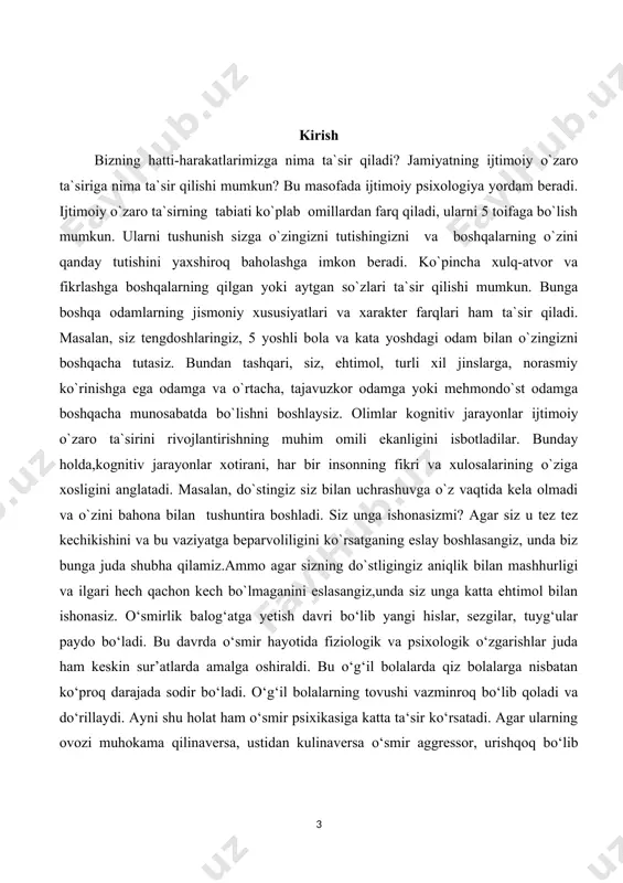 ,uning fanda ko`pincha “shaxs taraqqiyoti” yoki “tarbiyasi” tushunchalari bilan sinonimdek ishlatilishiga alohida e`tibor berish kerak.lekin ijtimoiylashuv sof ijtimoiy-psixologik tushuncha bo`lib,aytib o`tilgan tushunchalardan biroz farq qiladi. mavzuning o‘rganilganlik darajasi: ijtimoiylashuvga ta`sir etuvchi omillarni olimlar o‘rganganlilganlik darajasiga nazar solsak, buning qanchalik muhim mavzuligini p.fexos, n.i.nepomnyashaya, a.v.petrovskiy, z.t.saliyeva, a.g.gresov bu borada ilmiy ishlarini va tajribalarini ko‘rishimiz mumkin. kurs ishining ob‘yekti: ijtimoiylashuvga ta`sir etuvchi omillarning shakllanishi. kurs ishining predmeti: ijtimoiylashuvga ta`sir etuvchi omillarning shakllanishini jarayoni. kurs ishining maqsadi: ijtimoiylashuvga ta`sir etuvchi omillarning shakllanishini o`rganish. kurs ishining vazifalari: - ijtimoiylashuvga ta`sir etuvchi omillarning nazariy asoslarini o‘rganish; - ijtimoiylashuvga ta`sir etuvchi omillarning fenomenini o‘rganish; - ijtimoiylashuvning o‘z-o‘ziga oyna nazariyasini yoritish; - ijtimoiylashuvga ta`sir etuvchi omillarning shakllanishi mavzusi bo‘yicha xulosalar berish. kurs ishining nazariy va amaliy ahamiyati: kurs ishining nazariy ahamiyati shundan iboratki, men obrozining shakllanishi bo‘yicha olimlarning nazariy qarashlari, berib o‘tilgan tavsiya va fikrlari rivojlanish psixologiyasi va pedagogikasi, yosh psixologiyasi, umumiy psixodiagnostika va boshqa fanlar nazariy …