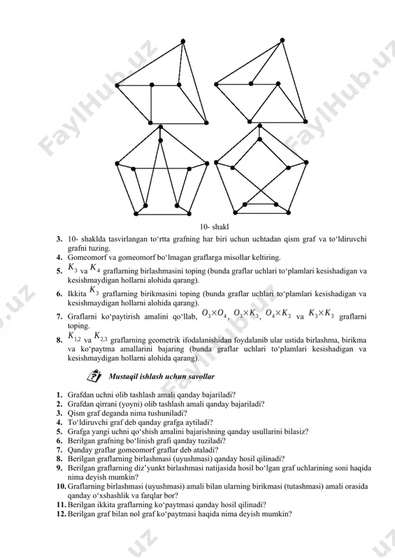 lari kesishadigan va kesishmaydigan hollarni alohida qarang). 7. graflarni ko‘paytirish amalini qo‘llab, , , va graflarni toping. 8. va graflarning geometrik ifodalanishidan foydalanib ular ustida birlashma, birikma va ko‘paytma amallarini bajaring (bunda graflar uchlari to‘plamlari kesishadigan va kesishmaydigan hollarni alohida qarang). mustaqil ishlash uchun savollar 1. grafdan uchni olib tashlash amali qanday bajariladi? 2. grafdan qirrani (yoyni) olib tashlash amali qanday bajariladi? 3. qism graf deganda nima tushuniladi? 4. to‘ldiruvchi graf deb qanday grafga aytiladi? 5. grafga yangi uchni qo‘shish amalini bajarishning qanday usullarini bilasiz? 6. berilgan grafning bo‘linish grafi qanday tuziladi? 7. qanday graflar gomeomorf graflar deb ataladi? 8. berilgan graflarning birlashmasi (uyushmasi) qanday hosil qilinadi? 9. berilgan graflarning diz’yunkt birlashmasi natijasida hosil bo‘lgan graf uchlarining soni haqida nima deyish mumkin? 10. graflarning birlashmasi (uyushmasi) amali bilan ularning birikmasi (tutashmasi) amali orasida qanday o‘xshashlik va farqlar bor? 11. berilgan ikkita graflarning ko‘paytmasi qanday hosil qilinadi? 12. berilgan graf bilan …