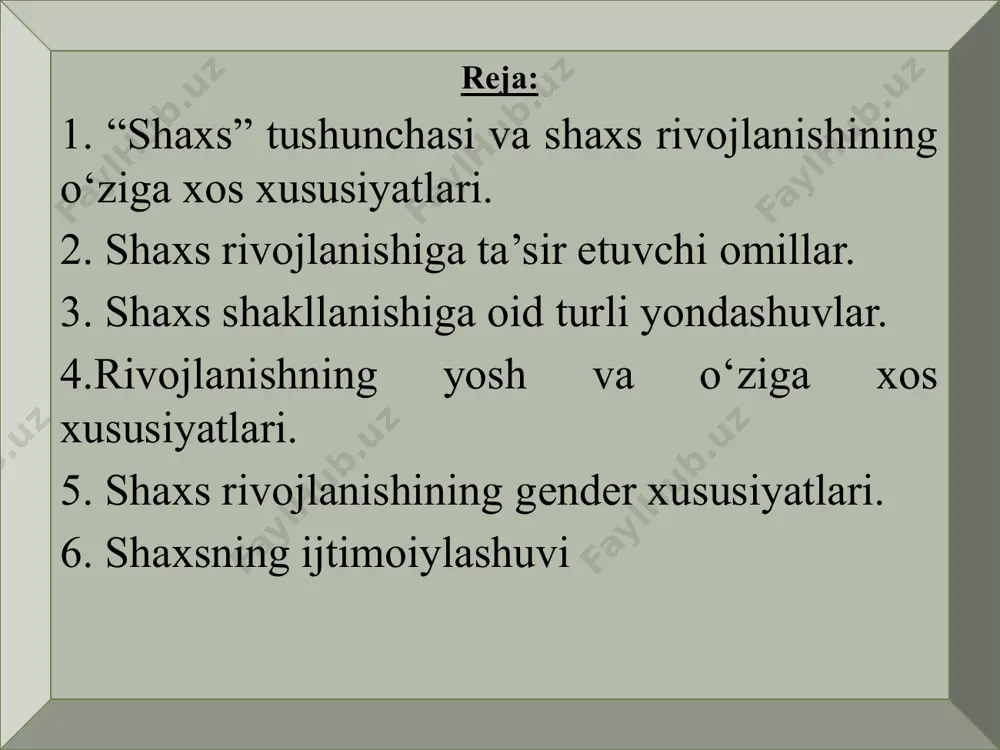 natijasidir. inson jamiyat talablariga bo‘ysunishga majbur, shu bilan birga tabiiy ehtiyojlarini ham namoyon qilib boradi. ijtimoiy yondashuv - inson biologik mavjudot sifatida tug‘iladi, faqat hayotiy faoliyati davomida boshqalar bilan doimiy muloqot va ijtimoiy guruhlarning ta’siri ostida ijtimoiylashadi. psixologik yondashuv - insondagi psixik jarayonlar (sezgi, idrok, fikrlash kabilar) tabiiy tavsifga ega, insonning yo‘nalganligi - qiziqishlari, qobiliyatlari ijtimoiy hodisa sanaladi. yaxlit yondashuv - shaxs yaxlit tavsifga ega bo‘lib, uning rivojiga nafaqat uning faoliyatidagi o‘ziga xosliklar, balki turmush tarzi ham ta’sir ko‘rsatadi. shu bilan birga ijtimoiy hayot natijalari - motiv, maqsad, qiziqish kabilar ham uning rivojlanishida muhim rol o‘ ynaydi. 4-ilova shaxsning yosh xususiyatlari muayyan bir yosh davriga xos bо‘lgan anatomik, fiziologik (jismoniy) va psixologik xususiyatlar shaxsning individual xususiyatlari shaxsning yо‘nalganligi, qiziqishlari, xarakteri, uni boshqalardan ajratib turadigan aqliy kamoloti va faoliyatining о‘ziga xos, barqaror, muhim xususiyatlari faoliyat ijtimoiy hayotni maqsadga muvofiq tashkil etish yо‘lida shaxs tomonidan amalga oshirilayotgan kundalik va kasbiy xatti-harakatlarning muayyan …