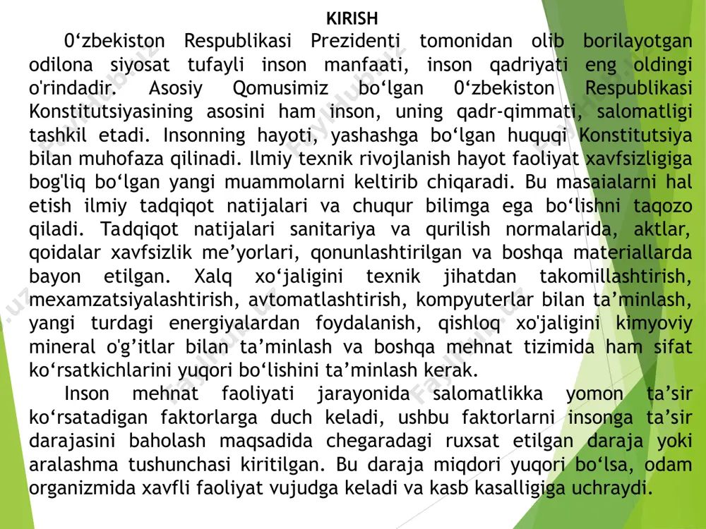 liyatining ishlab chiqarish jarayonidagi faoliyati bilan chegaralanmasdan, uning har xil tabiiy va tasodifiy ofatlardan saqlash masalalarini o‘rganish hisoblanadi. * 13 fanni o‘qitishdan maqsad va uning vazifatari.“hayot faoliyati xavfsizligi” fanining umumiy maqsadi-xavfsiz kelajakni ta’minlashning birdan-bir yo'li bu iqtisodiy masalalarni atrof-muhitni muhofaza qilish bilan chambarchas bog‘langan holda olib borishdir. hayot faoliyat xavfsizligi-inson faoliyatining barcha jabxalaridagi xavfli va zararli omillardan tortib inson himoyasi, muhofazasi, uning nazariyasi va amaliyotini o‘z ichiga oluvchi ilmiy bilimlar sohasi sanaladi. inson doimo turli xavf-xatarlar muhitida yashab kelgan. taraqqiyot hi iqlimga qarab, inson hayotiy xavfsizlik darajasi o‘sib borgan. hozirgi paytda o‘ta rivojlangan mamlakatlarda hayotning o‘rtacha yashash davomiyligi 77 yilni tashkil qiladi. fan va texnika taraqqiyoti, ijtimoiy-iqtisodiy xavfsizlikni oshirib, shu bilan birga aholi salomatligi uchun bo‘lganidek, atrof-muhit uchun ham xavfsizlikning yangi turlari vujudga kelishiga olib keldi. butun jahon sog‘liqni saqlash tashkiloti ma’lumotlariga ko‘ra, hozirgi paytda baxtsiz hodisalar oqibatidagi o‘limlar yurak-tomir va onkologik kasalliklardan keyin 3-o‘rinda turadi. * 13 agar kasalliklardan, …