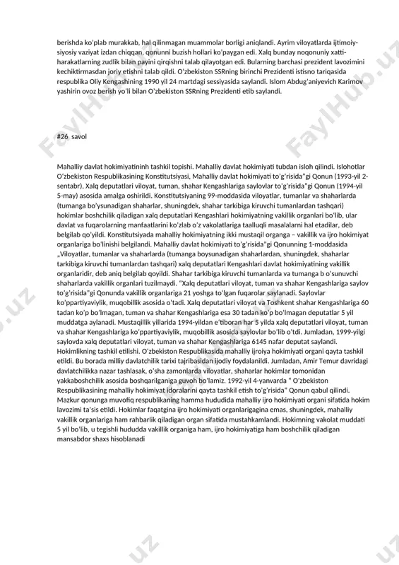 ardi, -deb yozgan edi professor narzulla jo’rayev (jo’rayev n. agar ogoh sen... - t.: yozuvchi, 1997. 34-b.). tarixdan ma‘lumki, o’sha paytda mavjud jarayonlarni chuqur o’rganmay, tahlil etib ulgurmay turib, birlik xalq harakati va erk demokratik partiyasi vakillari karimov o’z pozitsiyasini e‘lon qilmayapti. uning aniq dasturi yo’q, deb ta‘na toshlarini otishdi. turli mitingbozliklarda ochiqdan-ochiq hujumga o’tdilar. islom karimov tabiatan keng fe‘li ila raqiblarga hurmat bilan qarash, ularning fikrlarini eshitish, ijobiy xulosalar chiqarish, xalq va respublika manfaati uchun har qanday ivg’ogarliklar, tazyiqlaru zo’ravonliklar, qolaversa, maqtovlaru xushomadgo’yliklarga bir xilda munosabatda bo’lish, faqat aql-idrokka tayanib ish tutish zarurligini bir soniya ham unutmadi!? 53 alohida ta‘kidlash joizki, mustaqillik yo’li – haqiqat va ezgulik yo’li, inson haq-huquqlari tengligi yo’li, ma‘naviy barkamollik va yuksak madaniyat yo’li, bir so’z bilan aytganda, boy insoniy fazilatlar majmui. shuning uchun ham 1989-1991 yillarda islom karimov o’z tanlagan yo’lining to’g’riligiga qat‘iy ishondi va millionlab yurtdoshlarimizni bunga ishontira oldi. mustaqillikning ikkinchi yilida buyuk …