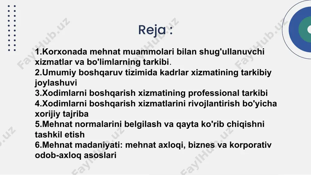 tlari; 4) o'zini isbotlagan o'xshash tashkilotlarning prototiplari va allaqachon mavjud tashkiliy tuzilmalari. har bir tizim yoki quyi tizim ichida quyidagi o'zaro ta'sir qiluvchi omillar yoki elementlarni ajratib ko'rsatish mumkin:  tashkilotning asosiy vazifalarini hal qilishda ishtirok etuvchi xodimlar;  korxonada mavjud bo'lgan vositalar, mehnat ob'ektlari;  odamlar va ularning faoliyati ob'ektlari o'rtasidagi aloqalarni o'rnatadigan axborot, aloqalar. xodimlarni boshqarish xizmatining tashkiliy tuzilmasini shakllantirish quyidagi bosqichlarni o'z ichiga oladi: 1) xodimlarni boshqarish tizimining maqsadlarini shakllantirish; 2) tizim maqsadlarini amalga oshirishga imkon beruvchi boshqaruv funktsiyalari tarkibini aniqlash; 3) tashkiliy tuzilmaning quyi tizimlari tarkibini shakllantirish; 4) tashkiliy tuzilmaning quyi tizimlari o'rtasidagi aloqalarni o'rnatish; 5) quyi tizimlarning huquq va majburiyatlarini belgilash; inson resurslarini boshqarish bo’limida quyidagi lavozimlar mavjud : 1) kadrlar xizmati boshlig'i (kadrlar bo'limi) 2) kadrlar bo'yicha bosh menejer 3) kadrlar bo'limi boshlig’i 4) kompensatsiya bo'yicha menejer 5) ijtimoiy nafaqalar bo'yicha menejer 6) ishga qabul qiluvchi 7) o'qitish bo'yicha mutaxassis 8) ishdan bo'shatilgan xodimlarni …