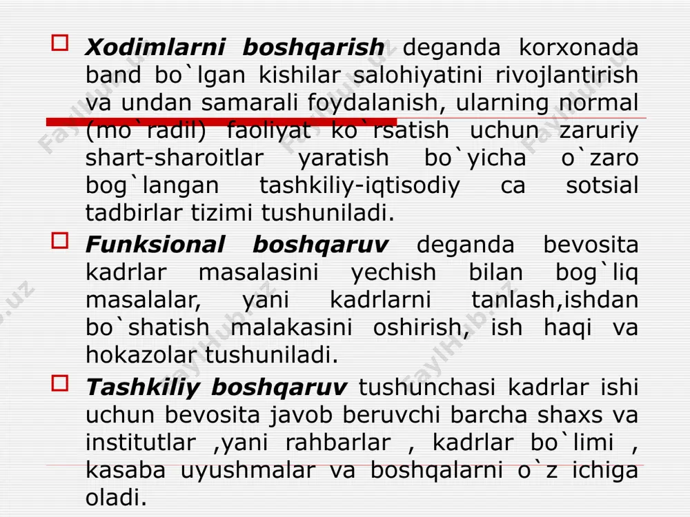 ilyatidir. xodimni boshqarishda yetakchilik muhim ahamiyatga ega.iqtisodchi olimlar ta`rifiga ko`ra “yetakchilik alohida shaxslar va insonlar guruhiga maqsadga erishish uchun ularni mehnat qilishga safarbar eta olish qobilyatidir”. bugungi kunda ham yetakchidan sharqona vaminlik, yuksak ahloq va odob, shijoat va qatiyat, odamlar boshini qovushtirish hislatlari qatori tashabbuskorli va tadbirkorli, ma`suliyatini o`z zimmasiga olishi talab etiladi. boshqaruvda yetakchilik turlari 1.samarasiz yetakchilik- “xo`jayn- tobe ”shaklidagi munosbatlar asosiga qurilgan bo`lib, bunda yetakchi –”xo`jayn” hokimyati mutloqdir. yetakchilikning bu turi tarixan quldorli va feodal jamiyatlariga to`g`ri keladi. 2. avtoritar boshqaruv “boshliq-bo`ysunuvchi xodim” an`anaviy munosabatlar asosiga qurilgan bo`lib, bu usulda yetakchi-”boshliq” hokimyati ma`muriy tizimni meyoriy hujatlar orqali ifodalaydi. 3.samarali yetakchilik- o`zaro munosabatlarning yangicha “yetakchi izdosh”shakli asosiga quriladi.bu sulda yetakchi hokimyatni uning qobilyatini e`tirof etgan izdoshlaridan oladi. demokratik boshqaruv “saylab qo`yilgan rahbar- bo`ysinuvchi xodimlar” munosabati asosiga qo`yilgan. bunday jamoada o`z-o`zini boshqarish judayam yuqori darajada bo`lib, mazkur jamoa yetakchini o`zi saylaydi. yetakchilik boshqaruv o`rnini bosmaydi , balki boshqaruvni to`ldiradi. yetakchilik …