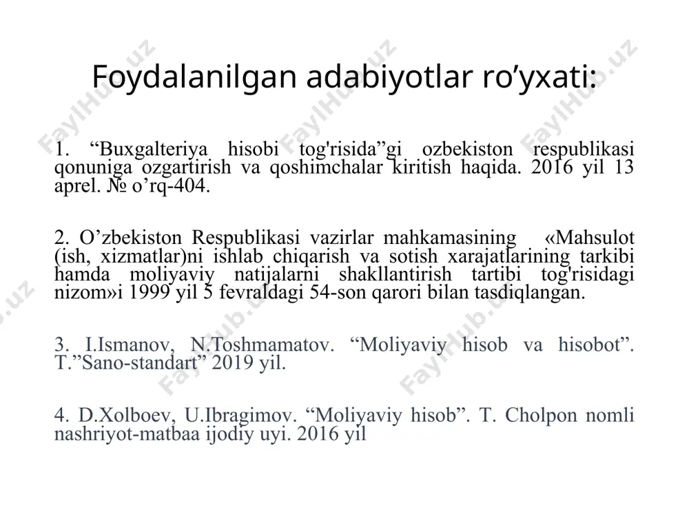 qolmaydi. 10 masalan: soddalashtirnlgan soliq tizimi d-t k-t yagona solik tolovi yast 4 % yagona soliq tolovi hisoblandi 9820 6410 hisoblangan yagona solik tolovi bюdjetga otkazildi 6410 5110 hisoblangan yagona soliq tolovi hisobdan chiqarildi 9910 9820 qoshilgan qiymat solig'i d-t k-t tayyor maхsulot хaridorga jonatildi 4010 9010 jonatilgan mahsulot uchun хaridordan pul tushdi 5110 4010 jonatilgan mahsulot uchun kqs hisoblandi 9010 6412 hisoblangan qqs bюdjetga otkazildi 6412 5110 jonatilgan mahsulot boyicha natija aniqlandi. 9010 9910 moliyaviy natija aniqlandi. 9910 8710 11 daromadlarning guruhlanishi 9500-9590 9300-9390 9000-9050 asosiy faoliyat daromadi 3 moliyaviy faoliyat daromadi 1 2 boshqa operaцion daromadlar 4 favqulodda foyda 9710 12 moliyaviy natijalarning shakllanishi va ishlatilishi mahsulotni sotishdan olingan yalpi foyda, bu sotishdan olingan sof tushum bilan sotilgan mahsulotning ishlab chiqarish tannarхi ortasidagi tafovut sifatida aniqlanadi: 13 1 yaf=sst-it 2 yaf — yalpi foyda; 3 sst — sotishdan olingan sof tushum; 4 it — sotilgan mahsulotning ishlab chiqarish …